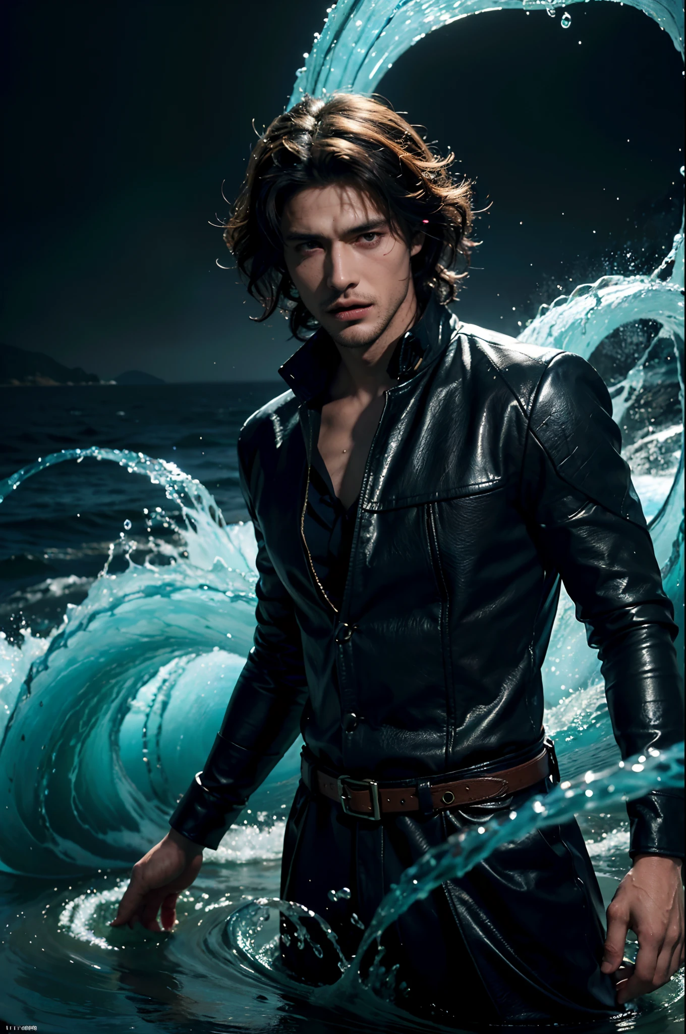 Best quality, masterpiece, ultra high res, waves in background, water dragon, water balls, nature light, photo realistic,
(masterpiece, best quality:1.4),(absurdres, highres, ultra detailed:1.2), (1 handsome man:1.4),(using dark magic:1.4),water magic,playful illustrations, imaginative overlays, artistic fusion,fantastical scenes, evocative narratives, striking visuals, upper body,