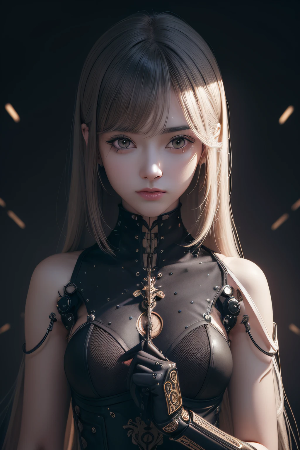 (dark brown eyes:1.2),1 Mechanical Girl、super realistic details、portlate、globalillumination、Shadow、octan render、8K、ultra-sharp、Convoluted、ornaments detailed、cold color、metals、Egyptian details、highly intricate detail、Realistic light、CGSoation Trends、radiant eyes、camera、neon details、Mechanical limbs、blood vessels connected to tubes、Mechanical vertebrae attached to the back、mechanical cervial attaching to the neck、sitting on、