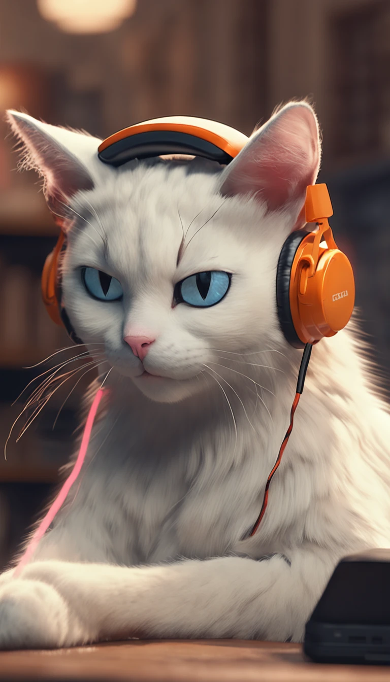 there is a cat with headphones on sitting on a table, lovely digital painting, wearing cat ear headphones, Listen to music, Playing guitar,Vibrate with the music, cute 3 d render, anime cat, he has headphones, ultra realistic 3d illustration, The ears are listening, Ultra-Realistic Illustrations, with headphone, realistic anime cat, ultra-realistic picture, Ultra-Realistic Illustrations, furry artist