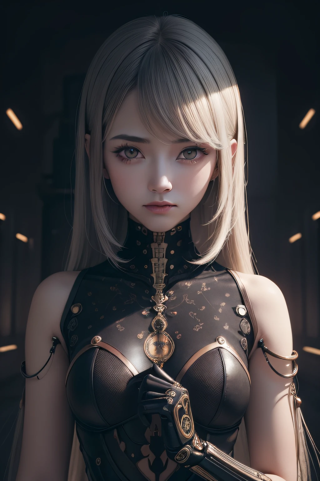 (dark brown eyes:1.2),1 Mechanical Girl、super realistic details、portlate、globalillumination、Shadow、octan render、8K、ultra-sharp、Convoluted、ornaments detailed、cold color、metals、Egyptian details、highly intricate detail、Realistic light、CGSoation Trends、radiant eyes、camera、neon details、Mechanical limbs、blood vessels connected to tubes、Mechanical vertebrae attached to the back、mechanical cervial attaching to the neck、sitting on、