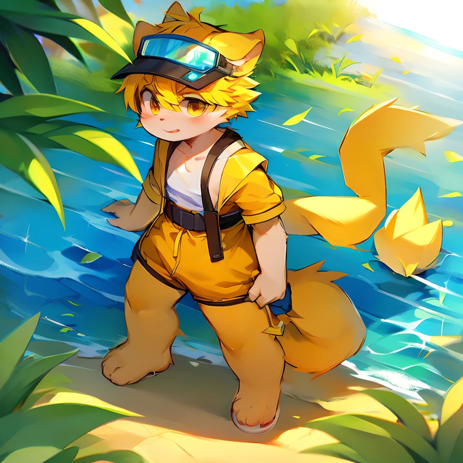 mammal, Furry, Orange-yellow hair。Male, Solo, wears, visor, Summer,standing on your feet,Pokémon trainer