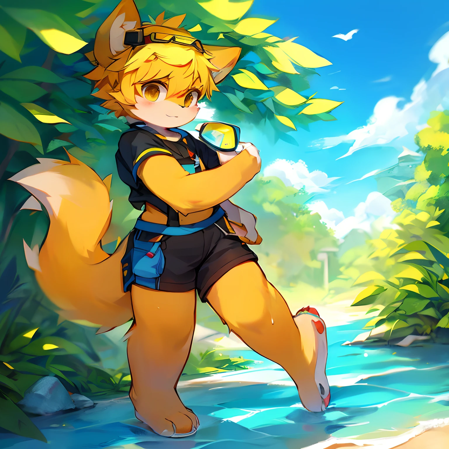 mammal, Furry, Orange-yellow hair。Male, Solo, wears, visor,  Summer,standing on your feet，Pokémon trainer