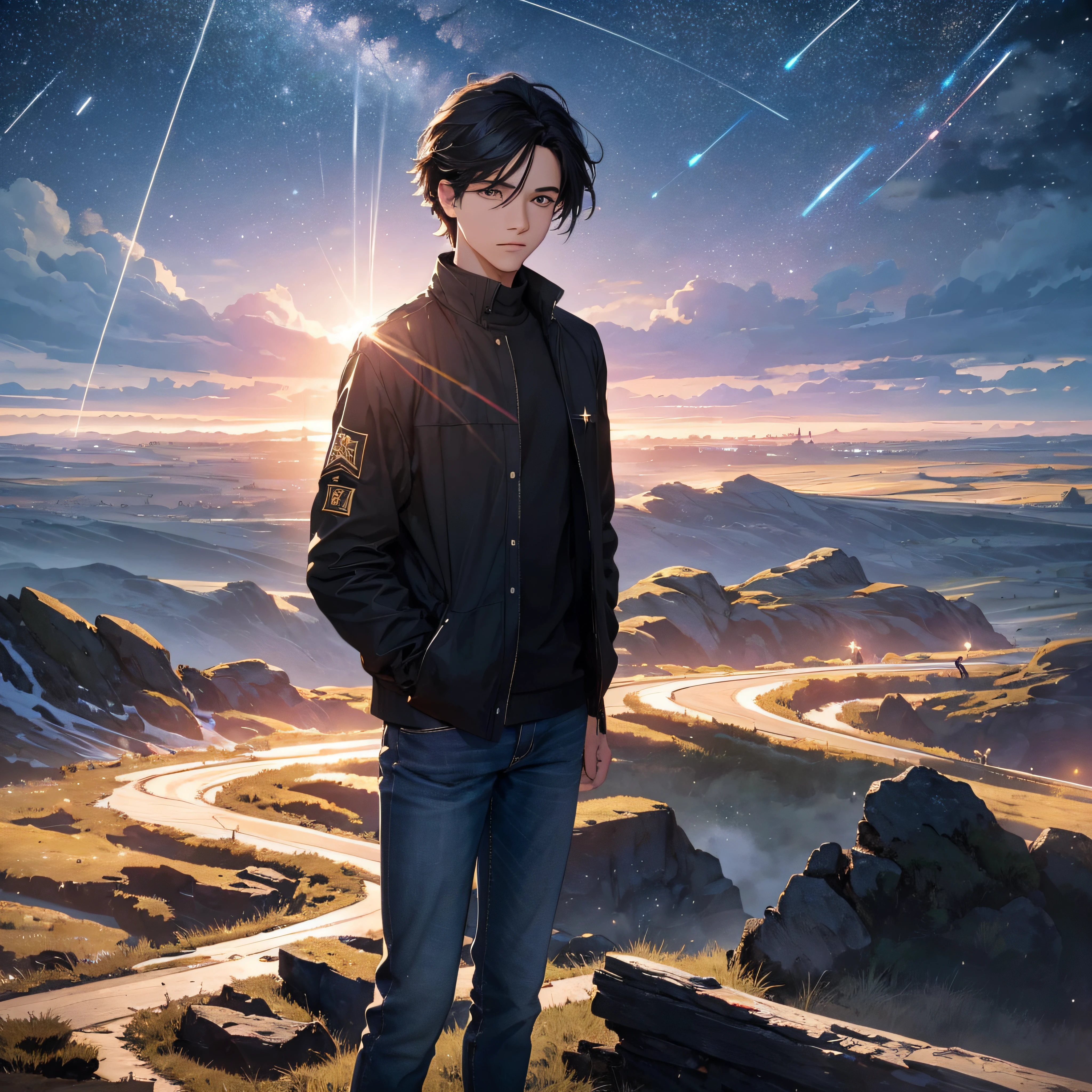 ((Best Quality, 8K, Masterpiece: 1.3)), landscape, morning shoot, star trail, slow speed, standing young man with black hair, black jeans, look at the stars, amazing scenery, hundreds of stars forming a circle, light waves, futures city.