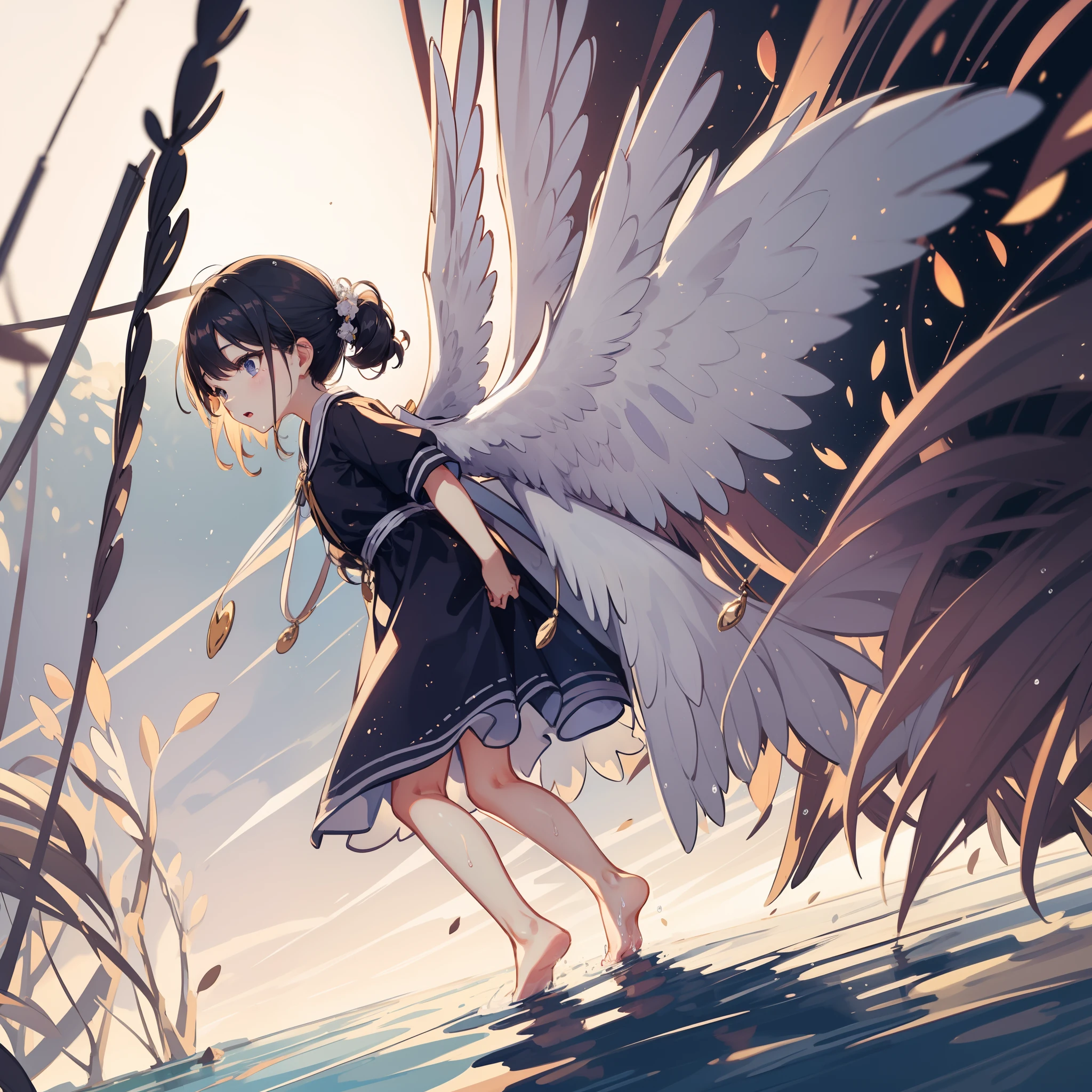 Angel with wings on his back:1.8,action:1.6,dynamic angle,dutch angle shot,ground-level shot,low angle,full body shot,low shot,very cute female child:1.8,8 yo,1 bird,blue hear:1.5,Wet and see-through clothes:1.5,Playing by the river:1.5,Barefoot,Sweat, Summer,day,Flat-breasted,nsfw,(4K), (Raw photo: 1.2), (Realism: 1.4), (masutepiece: 1.3), (exquisite detailing: 1.2), Delicate and beautiful details, (Eye Detail), (Facial Detailed), (Highest Quality) :1.4), (Hyper-Resolution: 1.2),  (very detailed illustration), Best Quality,depth of fields, Wide light, natural shadows