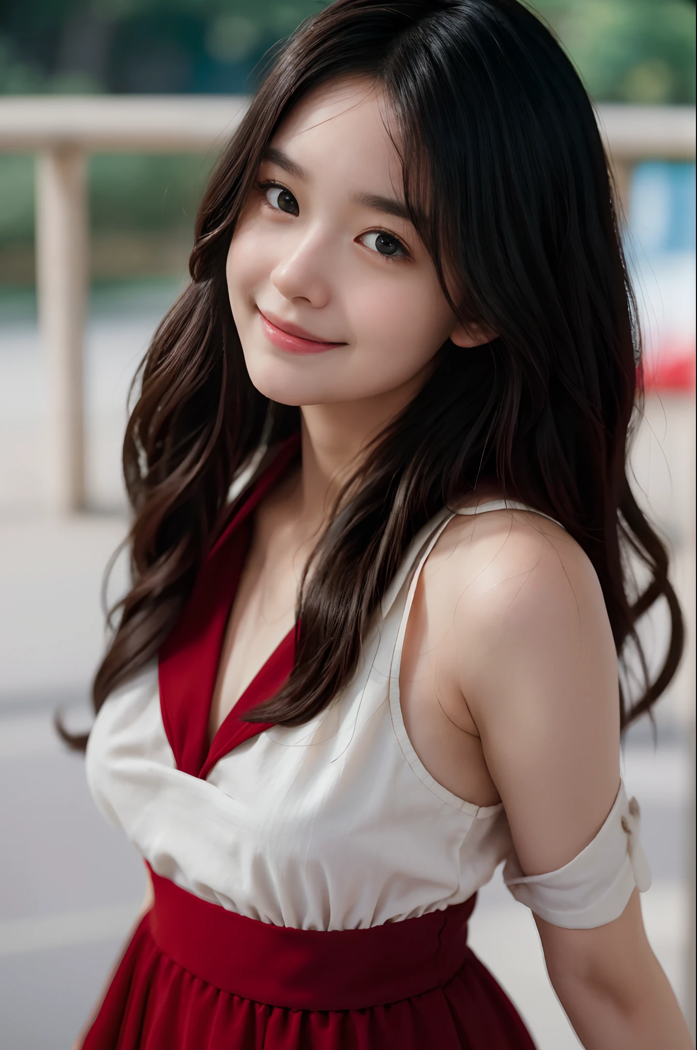 film portrait photography, 1girl, wavy shoulder-length hair (realistic detailed eyes, natural skin texture, realistic face details), soft dramatic lighting, depth of field, bokeh, vibrant details, finely detailed, hyperrealistic, 35mm film, hazy blur, filmg,happy smile, dancing, wearing a red black university uniform dress elegant, moving