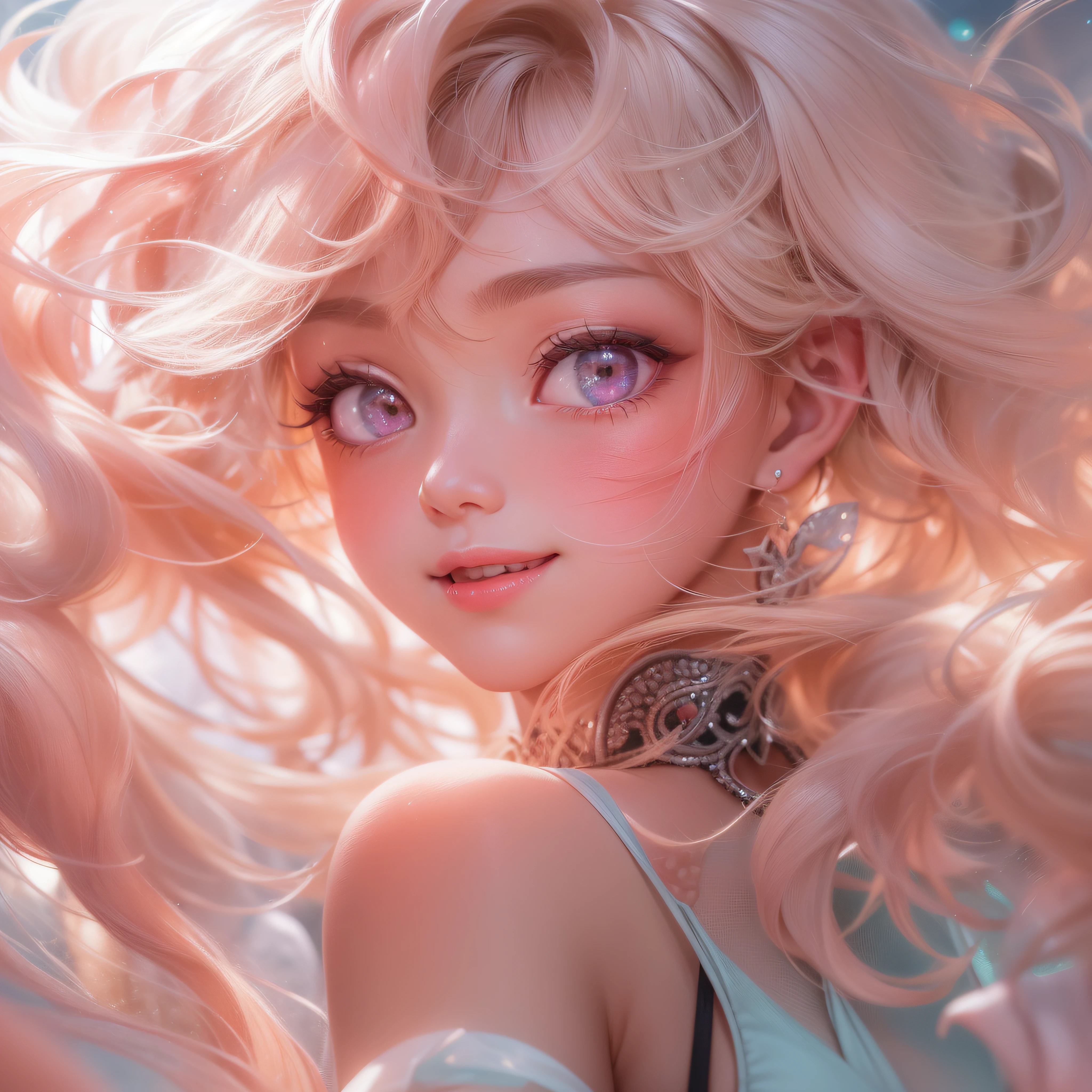 Focus on ∞、Focus on ∞、Focus on ∞、Close up of smiling face with open mouth、Close up of smiling face with open mouth、Close up of smiling face with open mouth、Close up of smiling face with open mouth、Close up of smiling face with open mouth、(masterpiece、realisitic、hight resolution)、(1 girl in):1.2)、Do-Up Eye、Korean Girl、(Best Quality), (masutepiece), (1girl in), Solo, Beautiful Girl, Perfect face, Hands hide, Big Breast,Swimsuit Costumes, Cool pose、dreamlikeart、Highly detailed airbrush art(((Surreal))、intricate detailes、Volumetric lighting、(masterpiece:1.2)、(top-quality)、The ultra-detailliert、(The composition of the movement:1.4)、Highly detailed colorful details、(Irridescent color:1.2)、(Bright lighting、Atmospheric lighting)、dream-like、Magical、dynamic compositions、Ray traching、The mirror reflects light、Shallow depth of field、crazy detail details、ultra-detailliert、mixing exposure、nffsw、Super masterpiece、Her eyes are glowing pink、Hands are hidden、Staring at the pink sea。Her pink face is full of anticipation and courage for adventure.、A smile appears on her pink lips。 At the rear、The sun is slowly tilting to the west。Its light brings pink light to the surface of the sea、The swaying waves create a beautiful scene。Her eyes are clearly glowing pink。Lots of pink