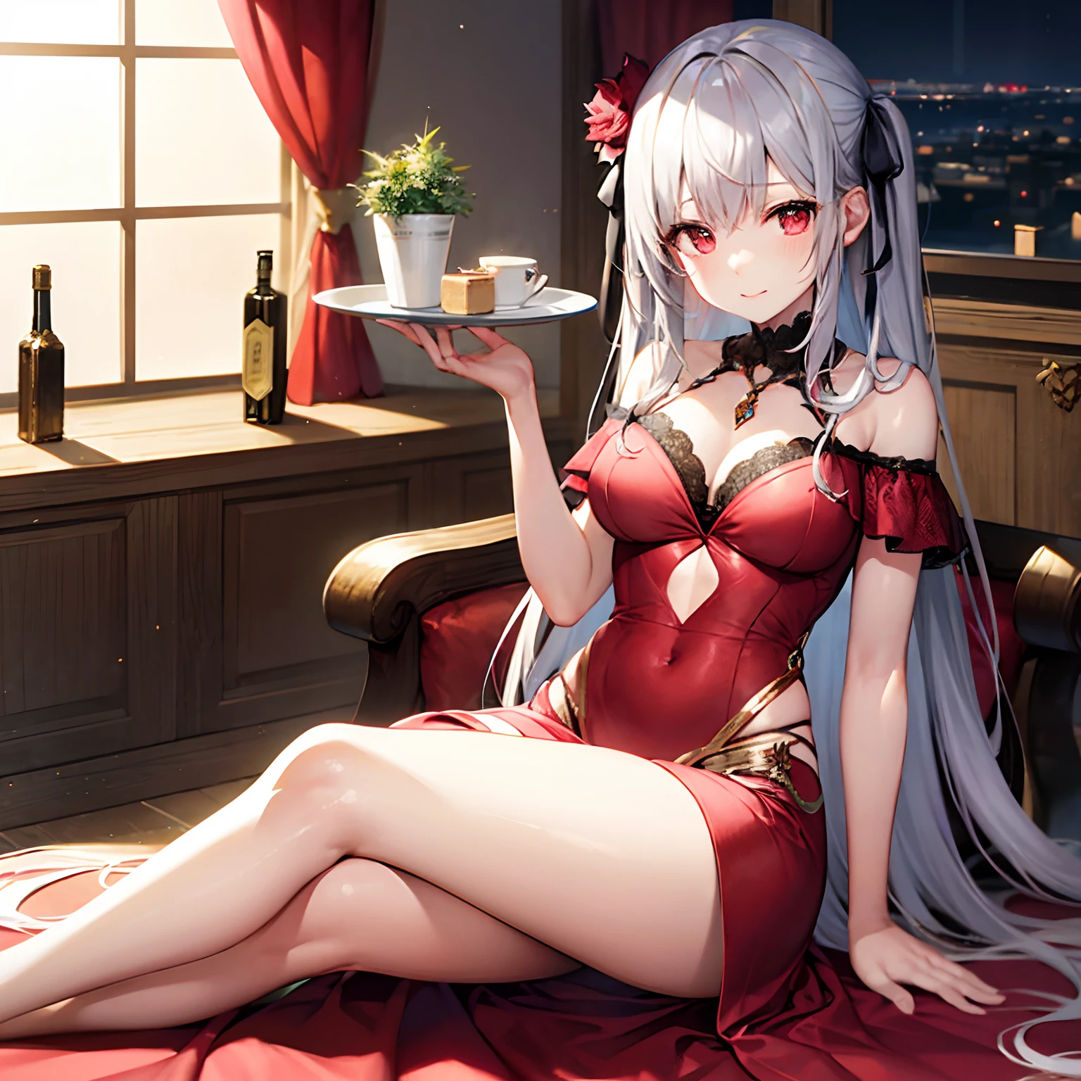 silber hair、red eyes、Beautiful girl alone、Fancy dresses、Off-shoulder、Western-style castle