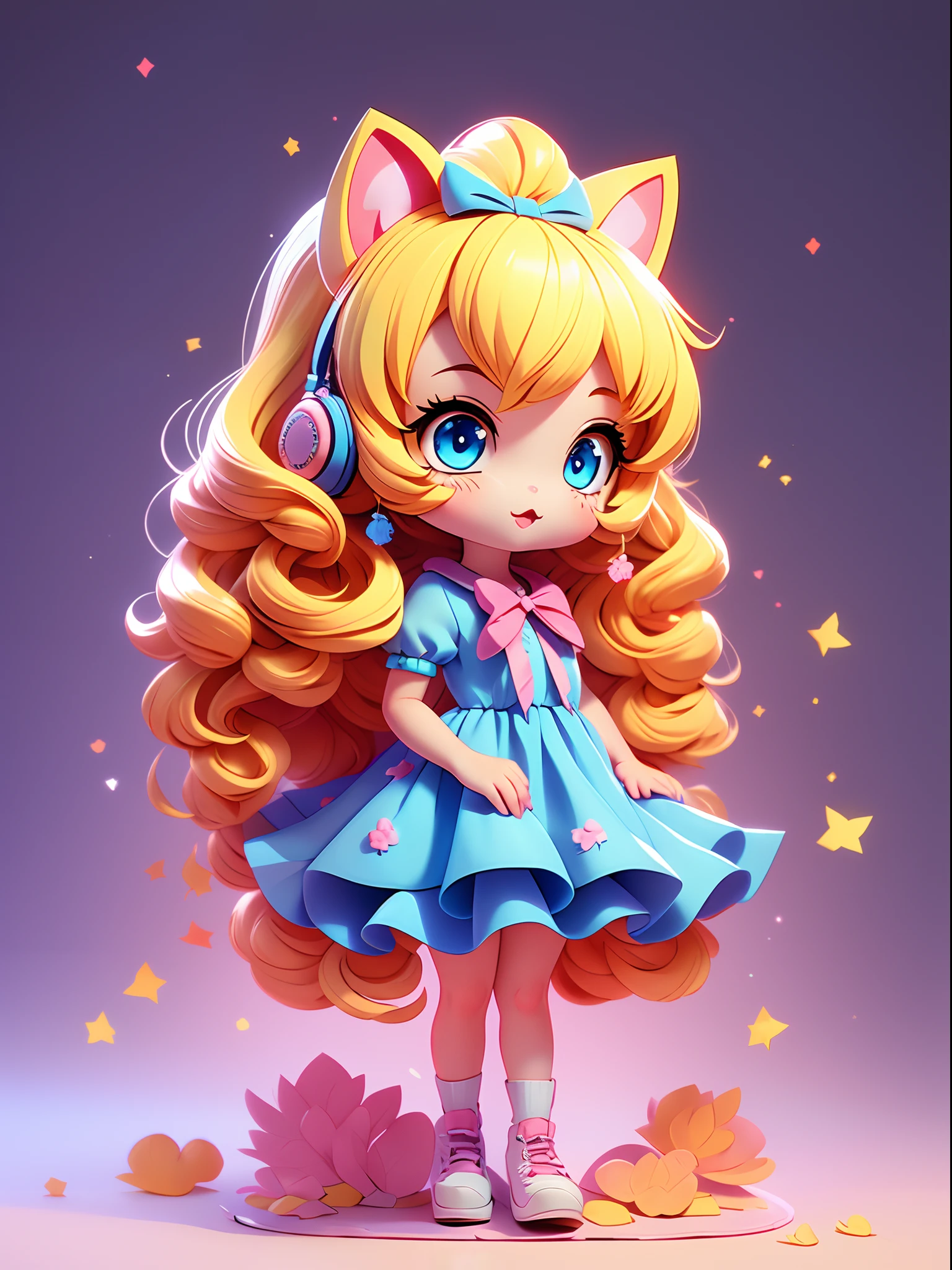 1girl, animal ears, tail, chibi, blonde hair, cat ears, solo, cat tail, long hair, hair ornament, cat girl, virtual youtuber, dress, blue eyes, ahoge, bow, white background, animal ear fluff, hairclip, holding