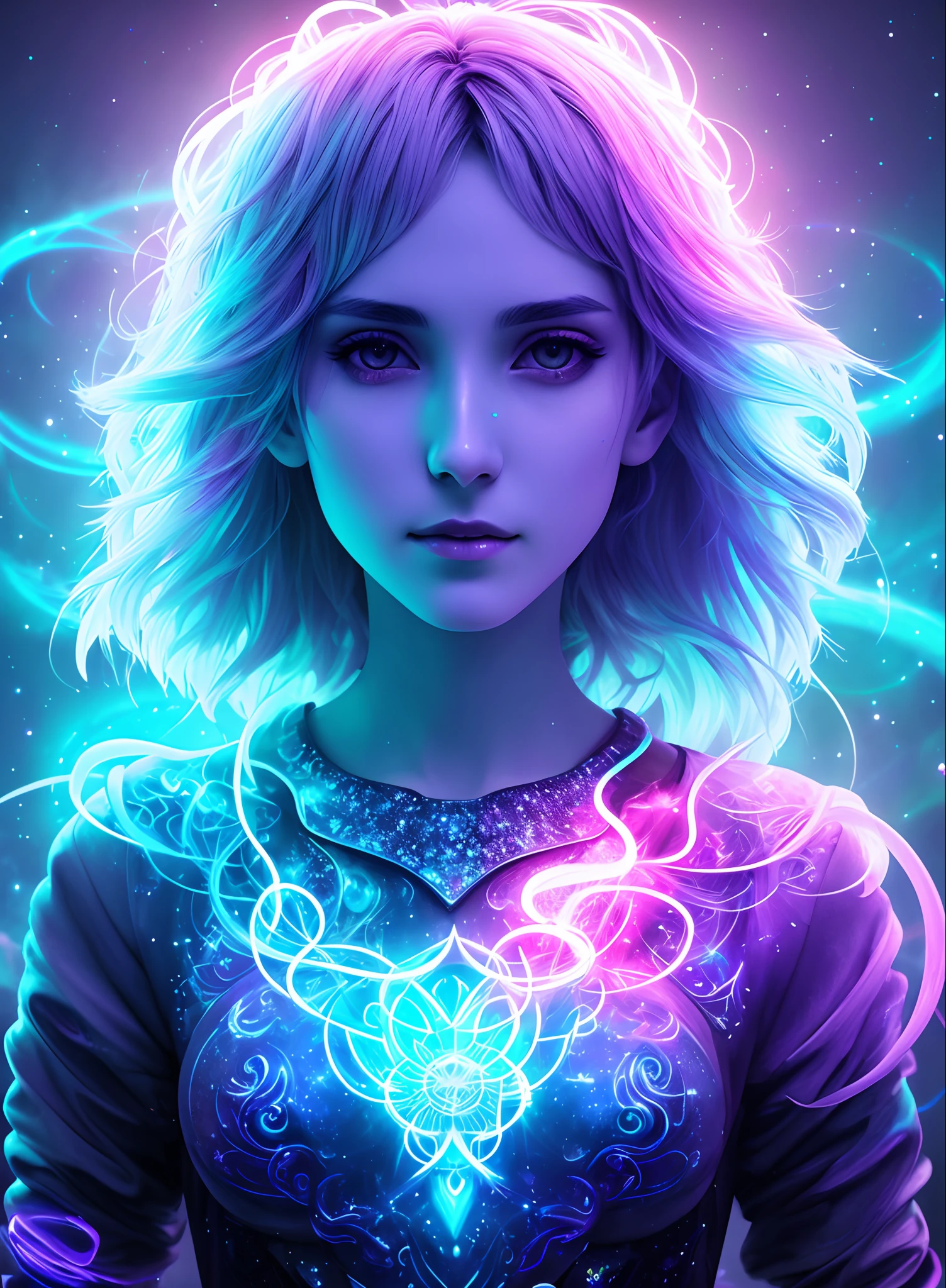 astral body, chaos atmosphere, 1female, bioluminescent magic elements, High quality, detailed, 8k, clothes, close up potrait