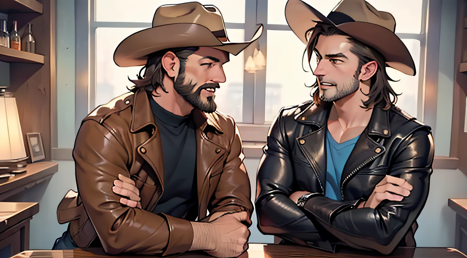 (4K, Best picture quality, A high resolution:1.1), (Masterpiece:1.1)Muscular man，blue-shirt, Brown leather jacket, long black jeans, Cowboy boots, revolver, Cowboy hat, Dark brown hair, Short hair, Brown eyes, two guys，A middle-aged beard with a thick beard，A young and handsome，without a beard,The two chatted，Laughing，enjoyable，Set in an American Western bar，Clear facial expression details