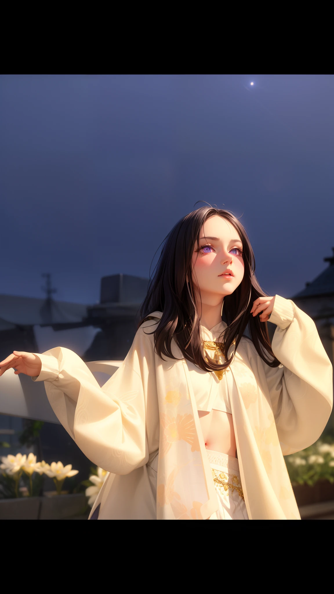 realistic, 1girl, white hair, purple eyes, glowing eyes, crop top, skirt, parted lips, blush, night, flowers, sun, sunlight,