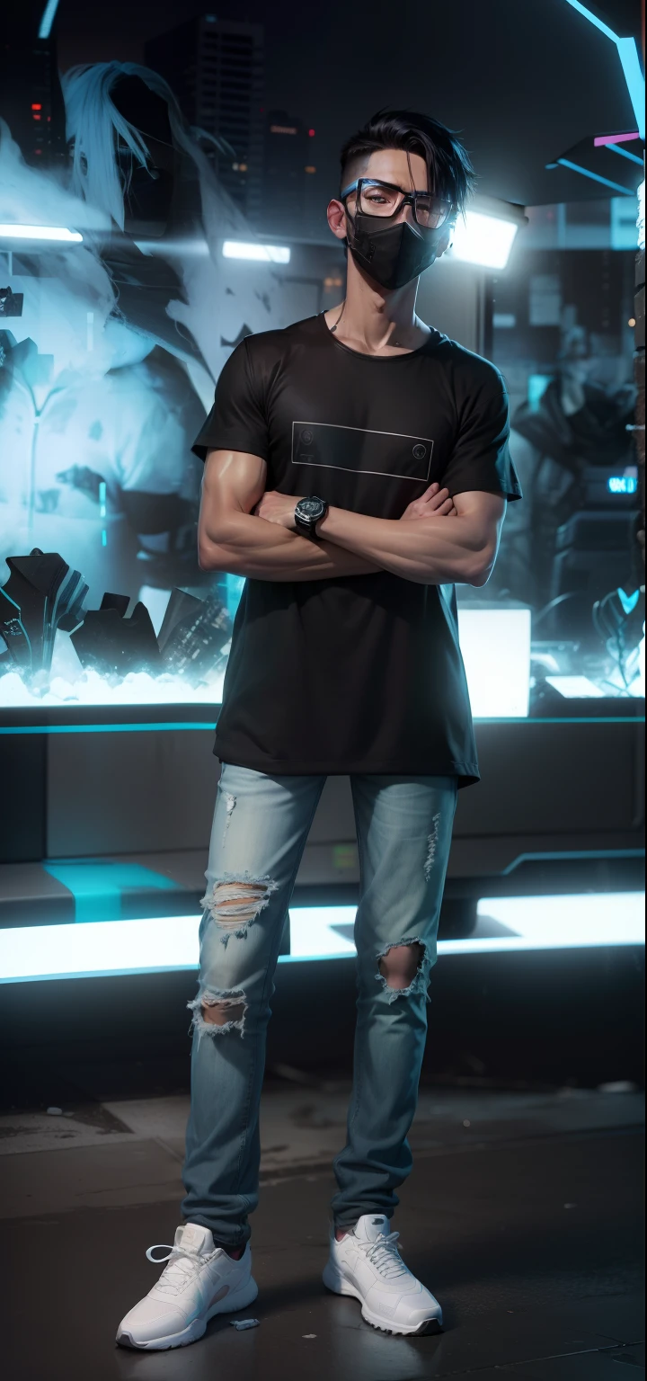 Change background Cyberpunk,handsome boy, realistic face,8k, ultra realistic face, Black mask and glasses, black hoodie and white shoes, light blue jeans,messi black hairs, fit body,six pack