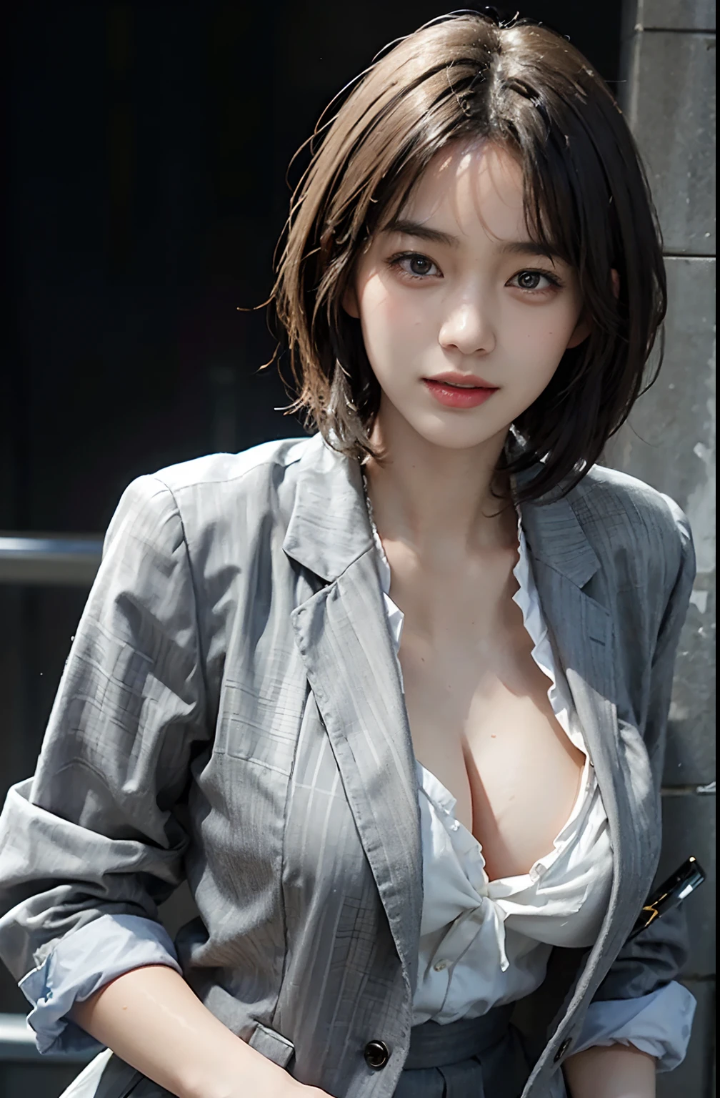 (A hyper-realistic), (illustratio), (hight resolution), (8K), (ighly detailed), (The best illustrations), (beatiful detailed eyes), (top-quality), (ultra-detailliert), (​masterpiece), (wall-paper), (detailed face), droopy eyes,full of sweat, whole body, full body, long legs,Armpit,short-hair,inner colored,solo, big breast, cleavage, japanes, Colossal tits、A smile, wearing grey blazer, grey short skirt, office uniform, street with neon lights