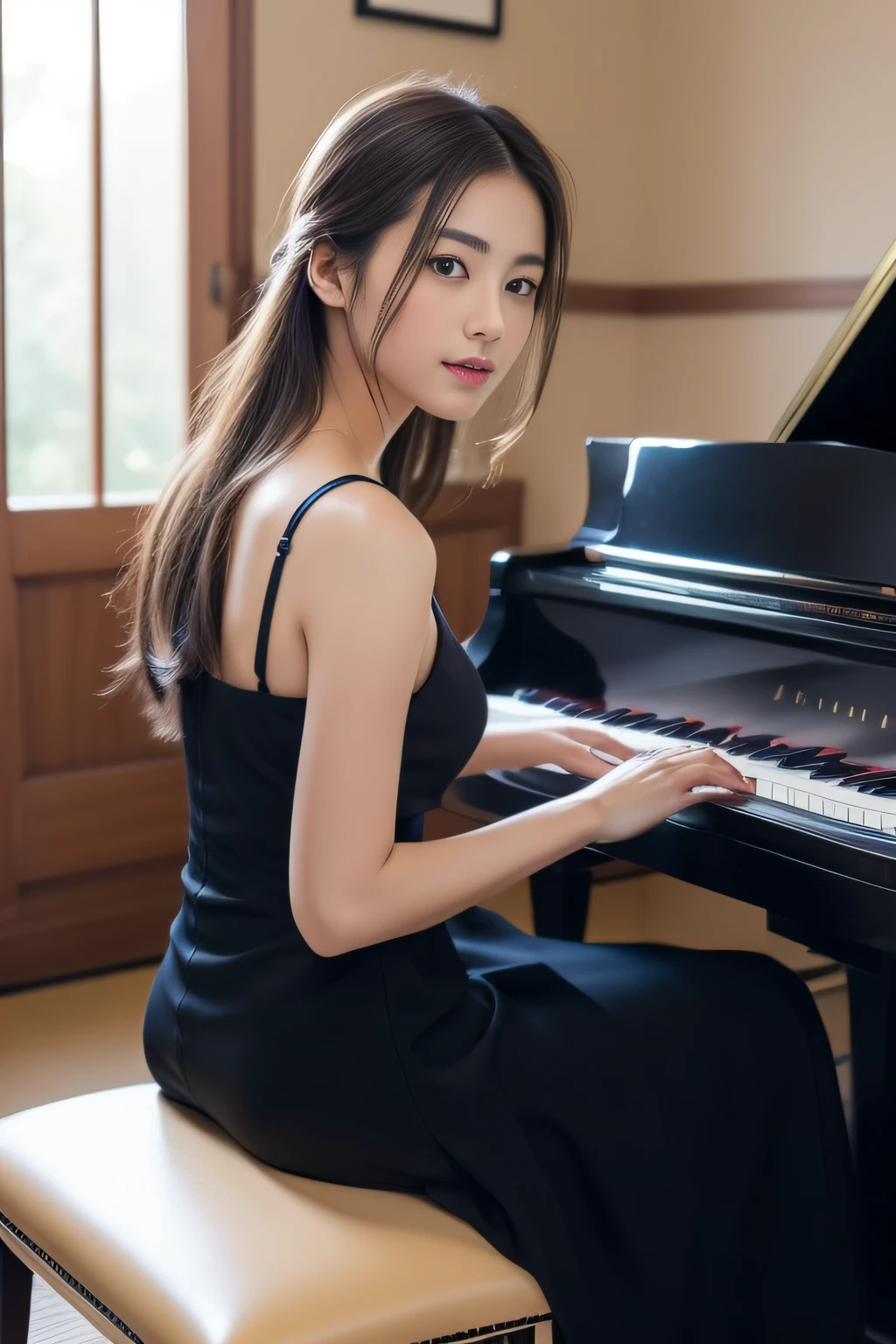 (great masterpiece、high-level image quality、hightquality),A Japanese Lady、pianist、Sitting in a piano chair、playing piano、a grand piano、Picture-perfect performance、Beautiful fece、beautidful eyes、Beautiful limbs、Professional-grade prowess、