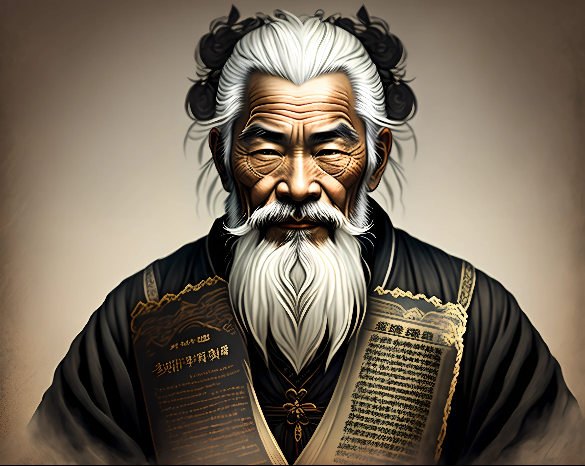 Create an image of an old Chinese sage with beard and white hair holding an ancient scripture with black background
