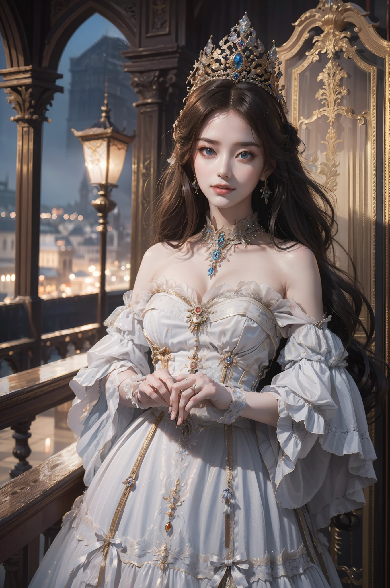 ((top-quality、​masterpiece、photographrealistic:1.4、8K))、1 beautiful detailed girl、silber hair、extremely detailed eye and face、beatiful detailed eyes、（Complex luxury red dress in medieval European style、Luxurious brimmed hat in medieval European style）、Luxury accessories、Elegant smile、natta（Depict a scene of a princess standing on the balcony of a castle。Hair swaying in the wind and a dress complement her noble vibe。）、Cinematic lighting、Textured skin、Super Detail、high detailing、High quality、hight resolution、（looking at the viewers）、Petals flutter