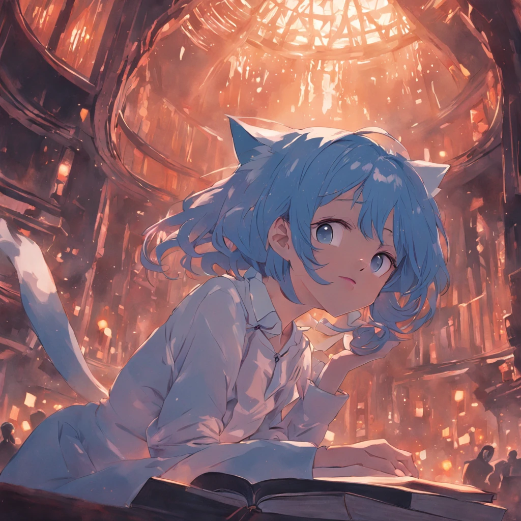 (best qualtiy)),(Blue Cat),(In a white blouse shirt),(Reading a book),(bust)