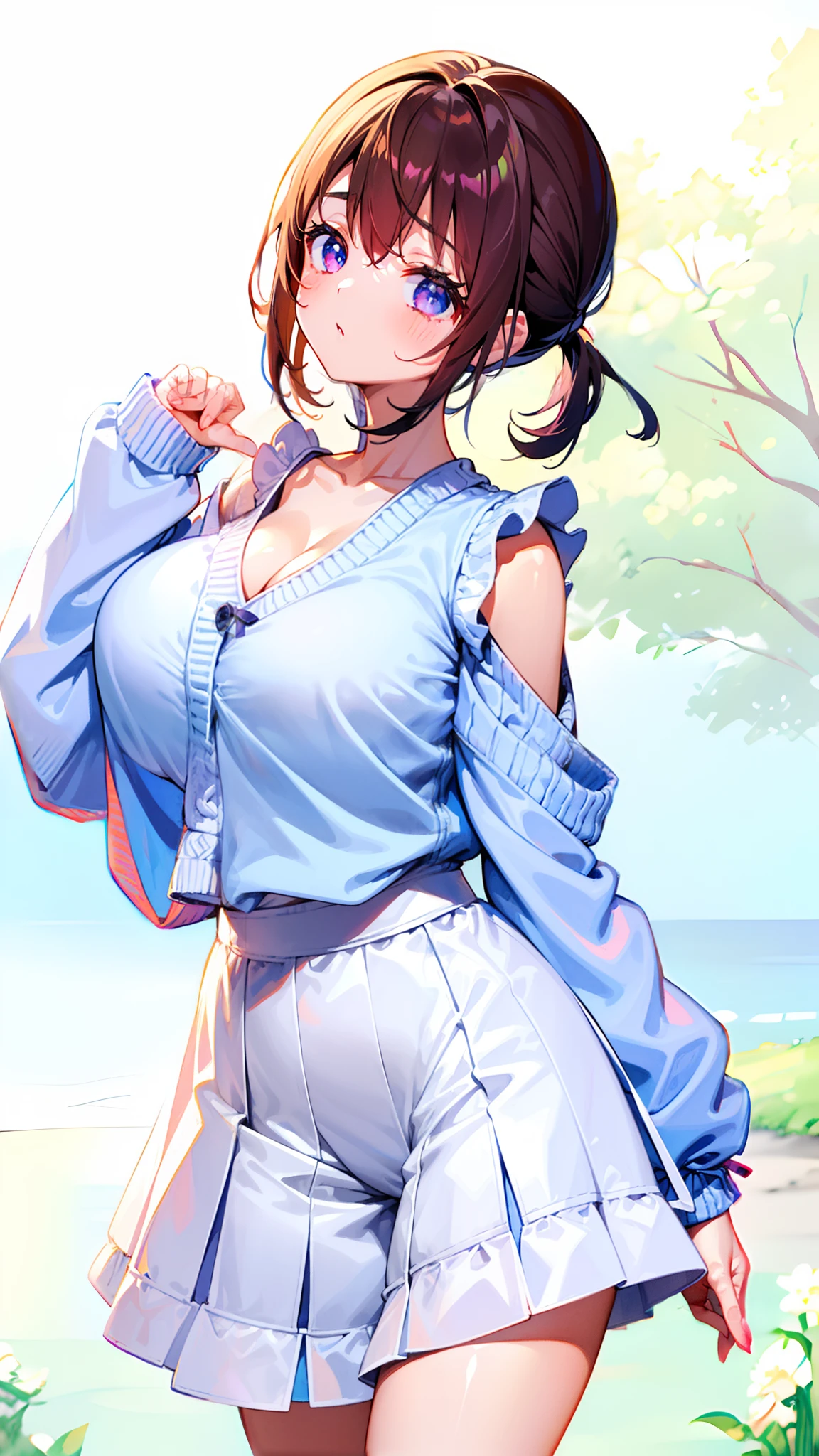 1人,(,petite short stature),animesque、Young and cute idol face、(Lorioppai)(Clothed big breasts , Loleasts,Mi Hot Pants)Double piece with hands raised (WatercolorPrivate Services, Shoulder Knitwear,Shoulders exposed、Back exposure) Huge breasts,