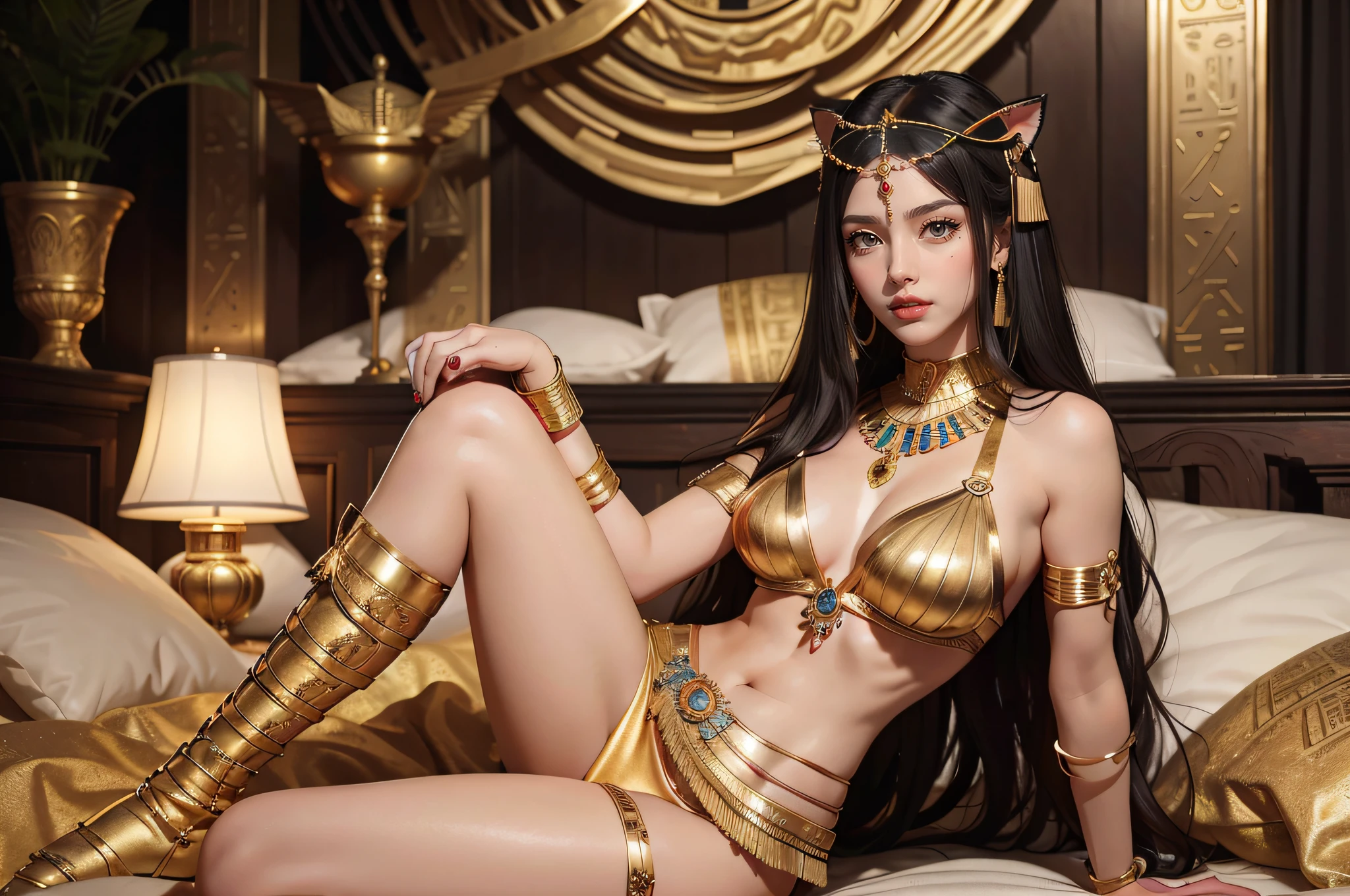 Top quality work，8K HD photos，10x pixel enhancement，very high res，highly detailed work，Clear and authentic work，Very detailed CG wallpaper，Clear focus：1.5，Natural dimming，Studio dimming，Face description：Three-dimensional facial features，Catwoman's face，Ancient Egyptian female face，Ancient Egyptian Cleopatra，Ancient Cleopatra's temperament，Ancient Cleopatra details，The woman with a crush looked at her seductively，A lewd look，Deep black hair，Premium hair details，Clear hair texture：1.1，Enchanting eyes，二重まぶた，Fox eyes，Light brown eyes，Advanced eye details：1.1，putting makeup on：Eye makeup，Gold eye makeup:1.1,Sexy and beautiful big red lips，Bright lips，Seductive lip shape，Superb lip detailing：1.1，Highly detailed and clear facial details：1.1，Perfect goddess face：1.1，Bigboobs，Small man's waist，Long legs，Body shape description：Supermodel figure，Model body type，Perfect body proportions：1.3，Premium model body details：1.1，Top goddess figures：1.1，Ancient Egyptian clothing，Ancient Egyptian clothing details，The costume of the Queen of Egypt，Ancient Egyptian ornaments，Bracelet，耳Nipple Ring，choker necklace，Gold leaf art，Background with，Ancient Egyptian palace，Ancient Egyptian times in bed，Lie down in bed，Photos of traditional costumes of ancient celebrities，fully body photo（Advanced skin details：1.1）（Moisturizes skin details：1.1）Healthy complexion，Sexy stunner，Seductive face，Dress boldly，feeling，，of gorgeous women，Sensual body