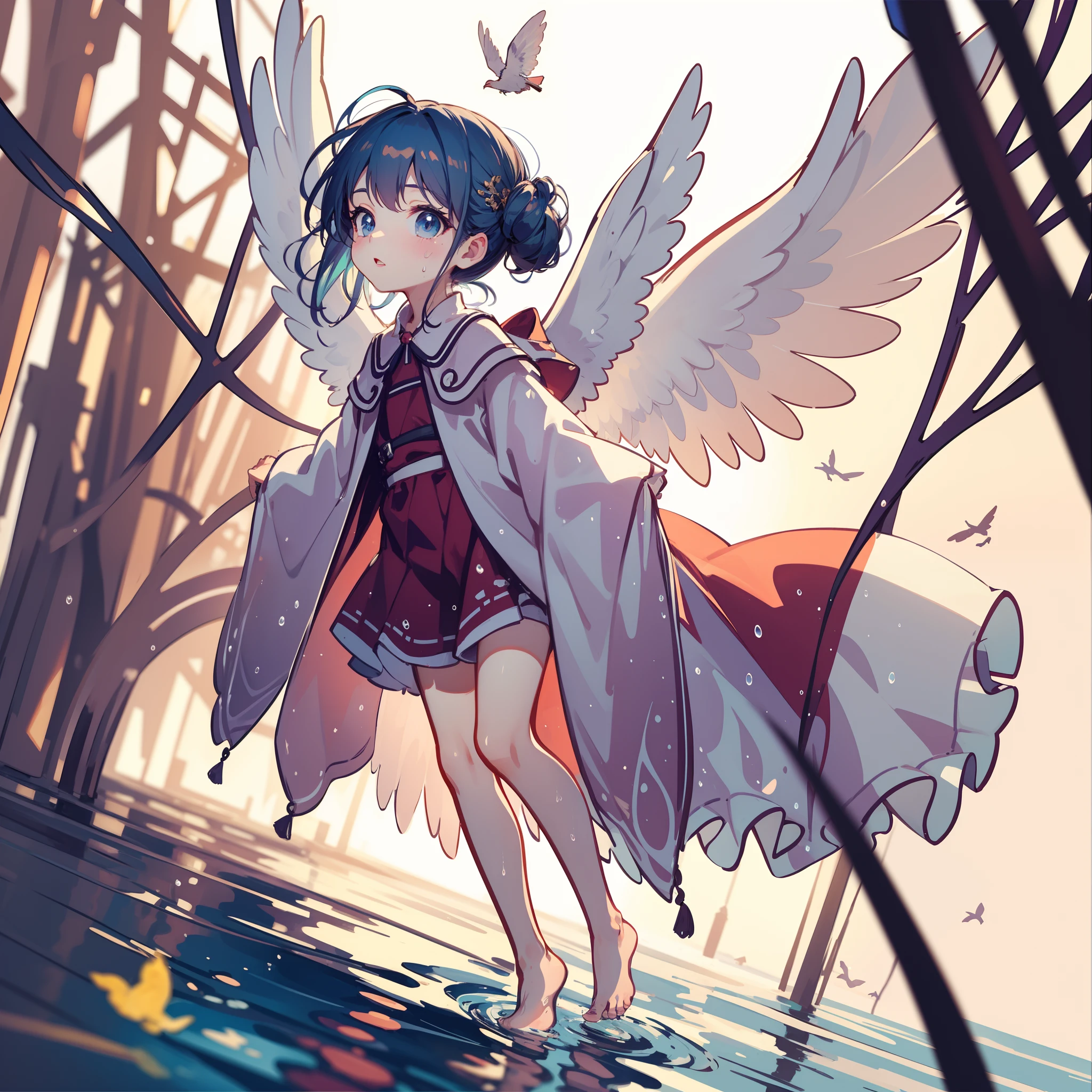 Angel with wings on his back:1.8,action:1.6,dynamic angle,dutch angle shot,ground-level shot,low angle,full body shot,low shot,very cute female :1.8,8 yo,1 bird,blue hear:1.5,Wet and see-through clothes:1.5,Playing by the river:1.5,Barefoot,Sweat, Summer,day,Flat-breasted,nsfw,(4K), (Raw photo: 1.2), (Realism: 1.4), (masutepiece: 1.3), (exquisite detailing: 1.2), Delicate and beautiful details, (Eye Detail), (Facial Detailed), (Highest Quality) :1.4), (Hyper-Resolution: 1.2), (very detailed illustration), Best Quality,depth of fields, Wide light, natural shadows