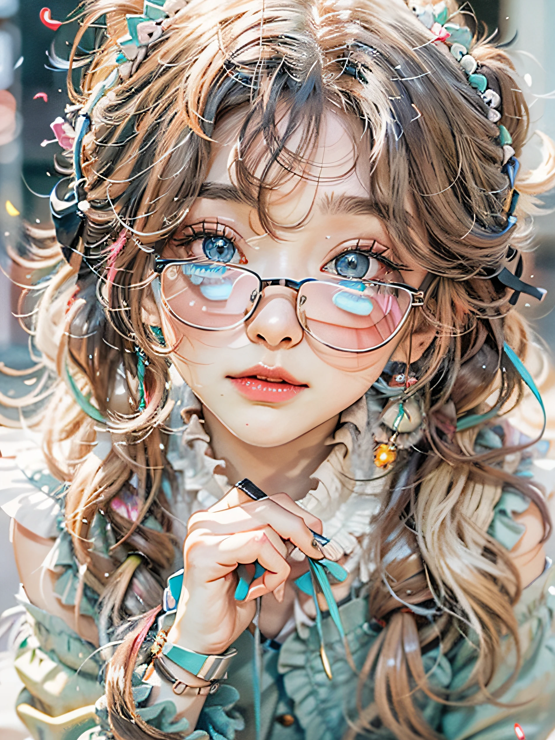Logo melon seed face,Light eyebrows,The eyes are large but always squinted into a slit,The tiny nose is framed with a pair of light blue rimmed glasses,A pair of sharp mouths is a barometer of her mood,Twitter when you're in a good mood,When you're in a bad mood, skim into an arc。Petite shape,The peculiar coquettishness of girls,A childlike look,Make people feel loved。Hard work is her quality,((best qualtiy)),((tmasterpiece)),((Realistis)),((Realistis)