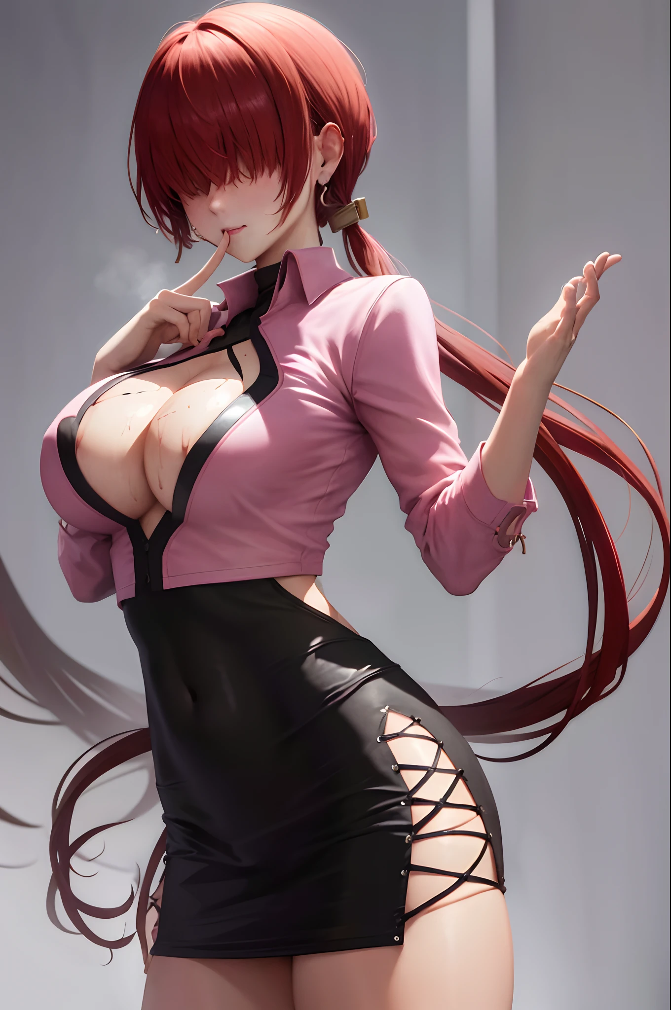 masterpiece, best quality, highres, she1, (hair over eyes:1.1), split ponytail, clothing cutout, earrings, jewelry, miniskirt, white skirt, black dress, earrings, jewelry, pink jacket, cowboy shot, sexy pose, widehips, body,big breasts, hentai style, (lipstick:0.8), victory posture, (sweating:1.2), lips,thicc thighs, finger to mouth