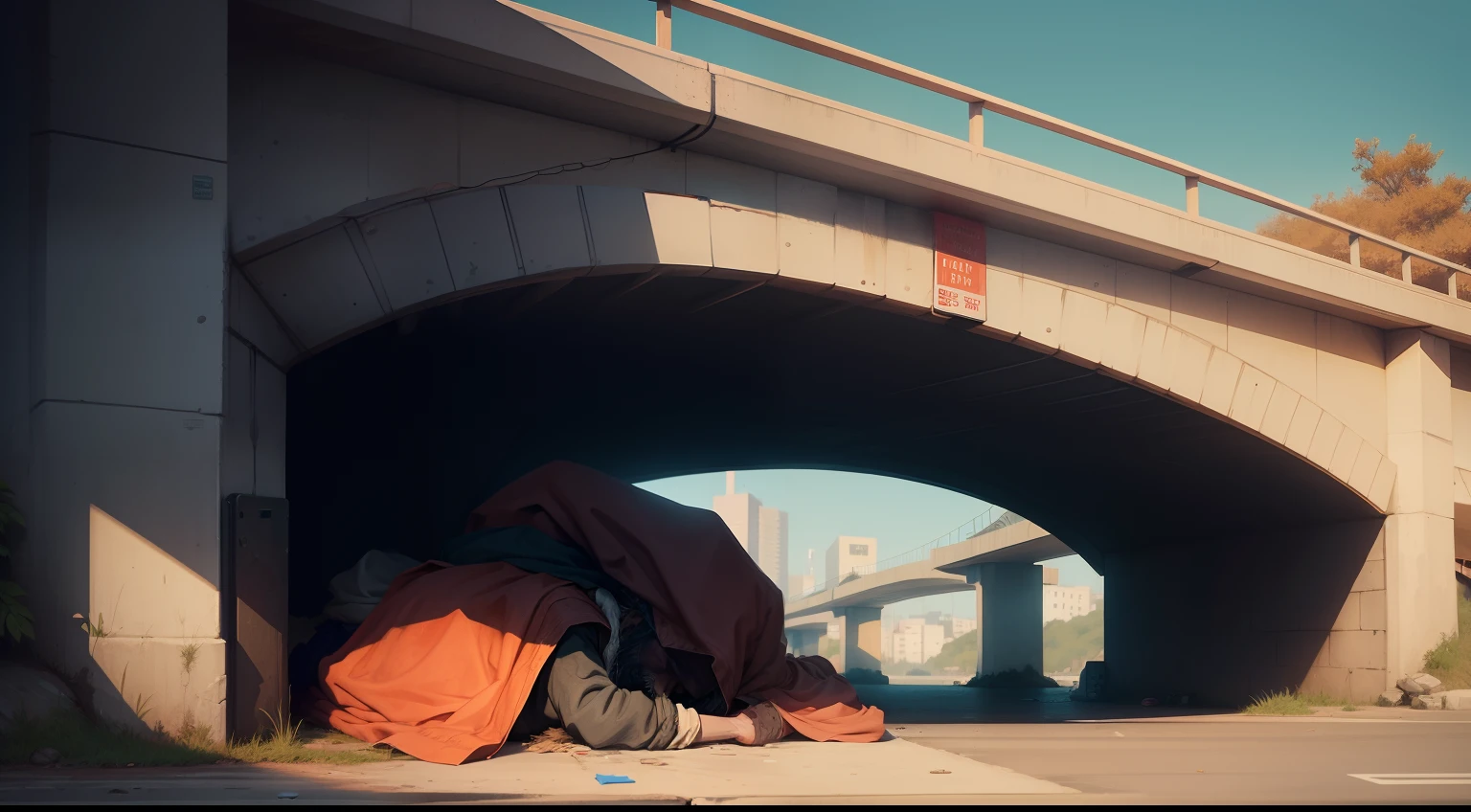 A homeless man named Jake, sleeping under a bridge, animation style