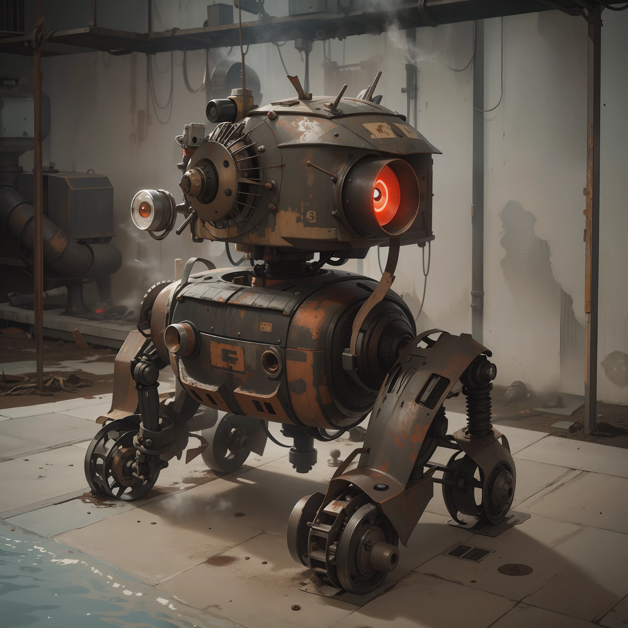 A prototype robot made from scrap iron，Wake up from the dark sewers，The red round eye display flickers on and off，(Rusted shell：1.3),Fall into a filthy pool，The Age of Steam，steampunc，(/BREAK/),A cute creature is watching this prototype robot