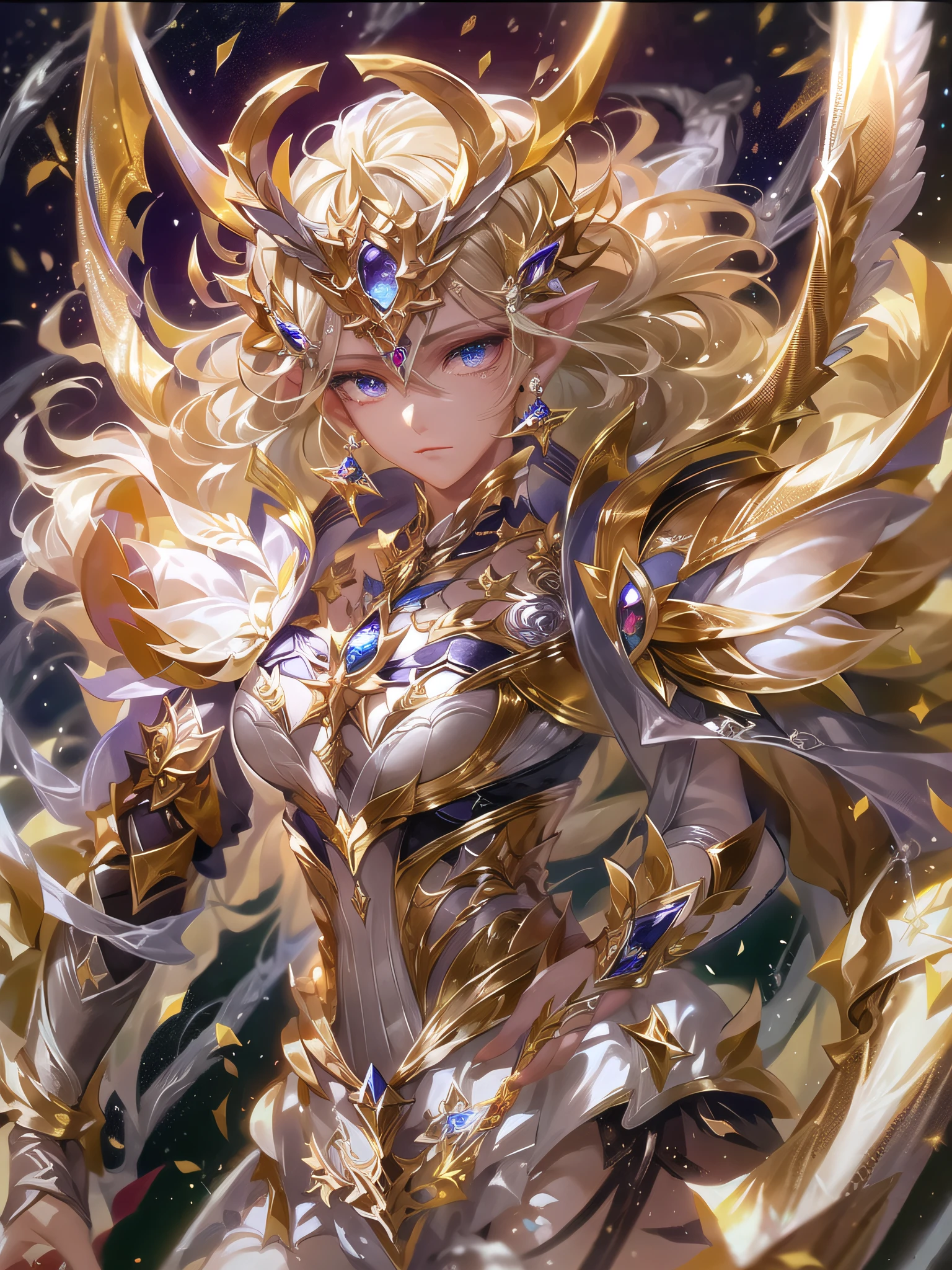 Ultra-high saturation，（tmasterpiece）， fully body photo，（best qualtiy）， （1girll）， starryskybackground，Wearing shiny gold armor， Sexy lingerie type armor，Expose your chest，Expose the waistline，Exposing thighs，cool-pose， Saint Seiya Armor， messy  hair，high detal, Anime style, Cinematic lighting, Sparkle, god light, Ray traching, filmgrain, hyper HD, textureskin, super detailing, Anatomical correct, A high resolution，Ultra-high saturation，hight contrast，High-gloss armor，Smooth skin，Serious expressions,Dark room,