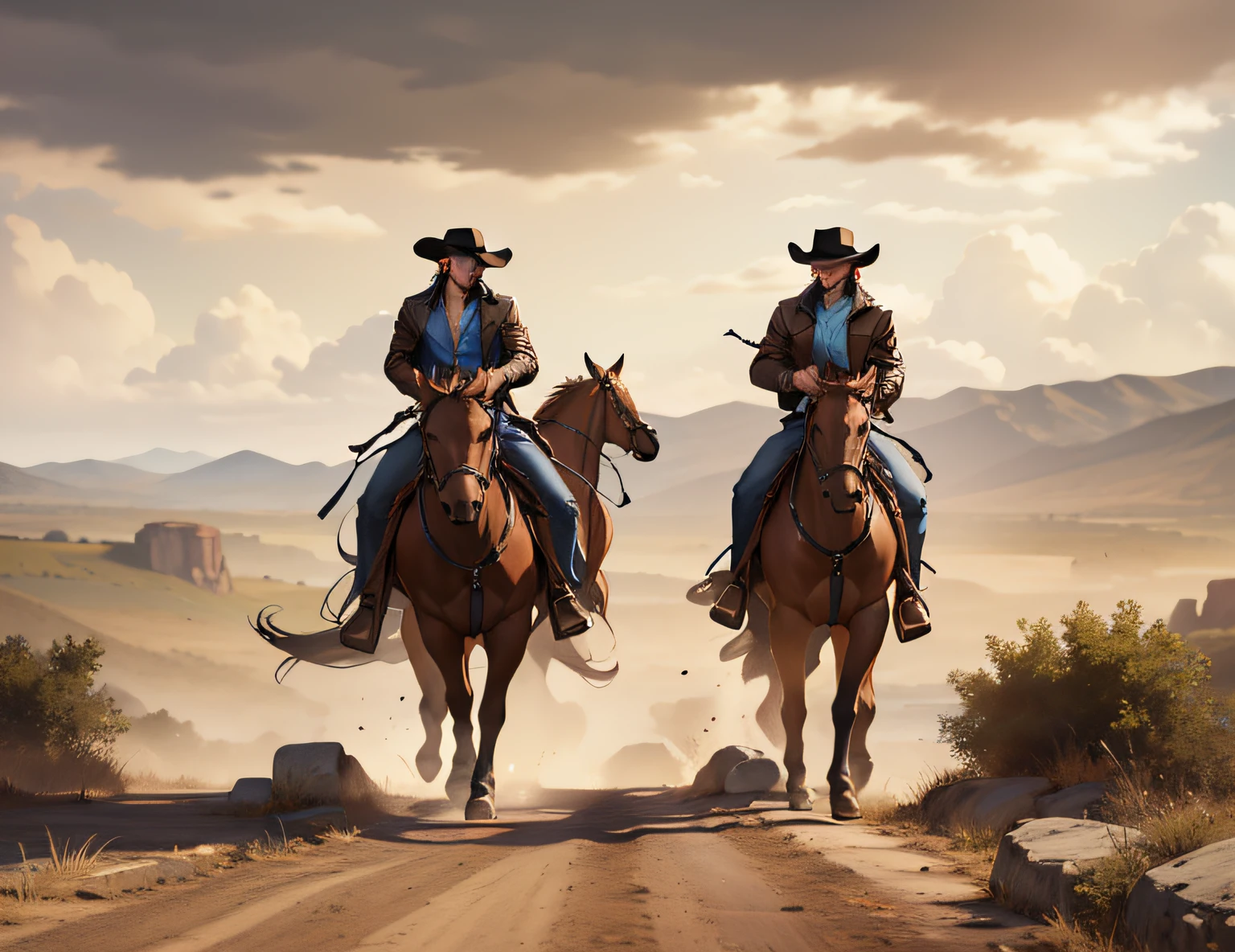 (4K, Best picture quality, A high resolution:1.1), (Masterpiece:1.1)Muscular man,blue-shirt, Brown leather jacket, long black jeans, Cowboy boots, revolver, Cowboy hat, Dark brown hair, Short hair, Brown eyes, two guys,