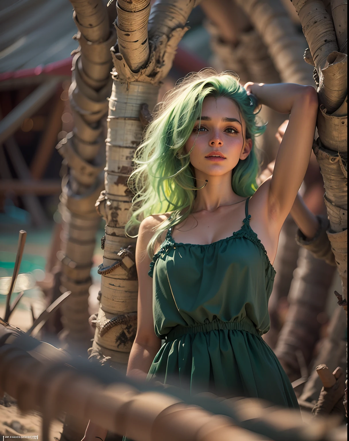 realistic photo, a realistic photo of 18yo girl in a sundress, green hair, beach, (1girl), (extremely detailed CG unity 8k wallpaper), photo of the most beautiful artwork in the world, professional majestic (photography by Steve McCurry), 8k uhd, dslr, soft lighting, high quality, film grain, Fujifilm XT3 sharp focus, f 5.6, High Detail, Sharp focus, dramatic, (looking at viewer:1.2), (detailed pupils:1.3), (natural light), from below, angle, cross view,