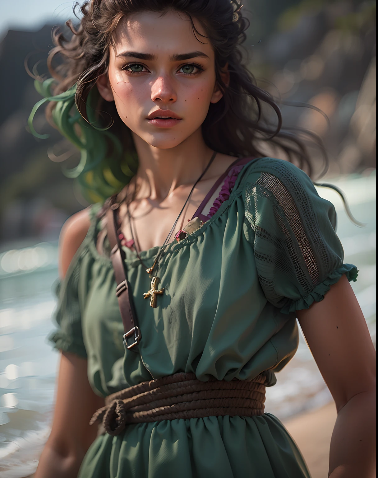 realistic photo, a realistic photo of 18yo girl in a sundress, green hair, beach, (1girl), (extremely detailed CG unity 8k wallpaper), photo of the most beautiful artwork in the world, professional majestic (photography by Steve McCurry), 8k uhd, dslr, soft lighting, high quality, film grain, Fujifilm XT3 sharp focus, f 5.6, High Detail, Sharp focus, dramatic, (looking at viewer:1.2), (detailed pupils:1.3), (natural light), from below, angle, cross view,