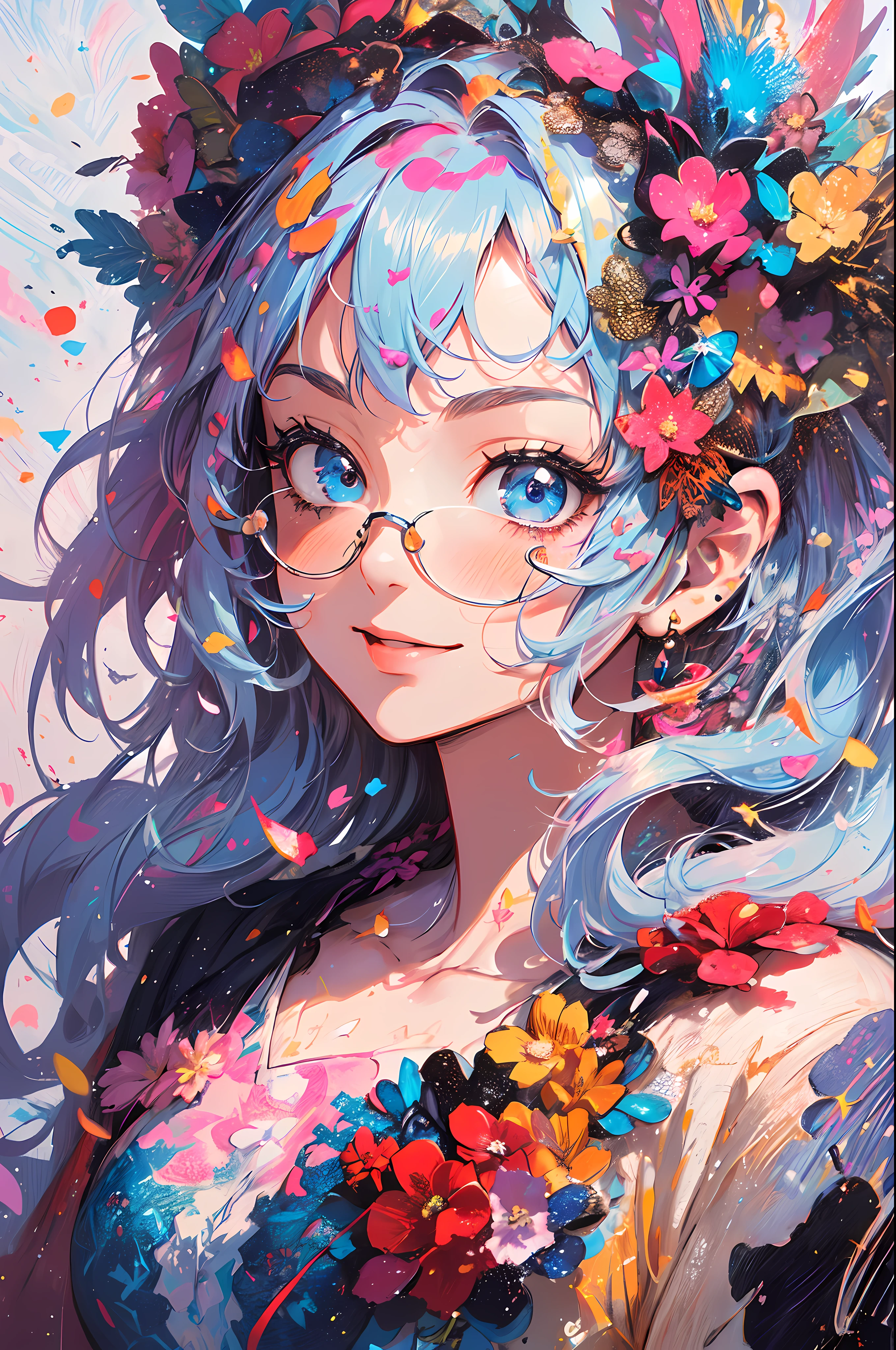 ((flowercrown)),Contemporary art created by tracing traces of colorful ink、masterpiece、ultra-detailliert、pop-art、innocent smiles、eye glass、(1 girl, Solo:1.6),(Cute smile), (Best Impact:1.5), (maximalism:1.7), Vivid contrast, (Realistic), hyperrealistic illustrations, hight resolution, ultra-detailliert, absurderes,(Fractal Art:1.3)、One Piece Appearance、Random hairstyle、Random hair color colorful、FULL BODYSHOT、Retro、Precise focus、randome pose、cinema4d、Drama