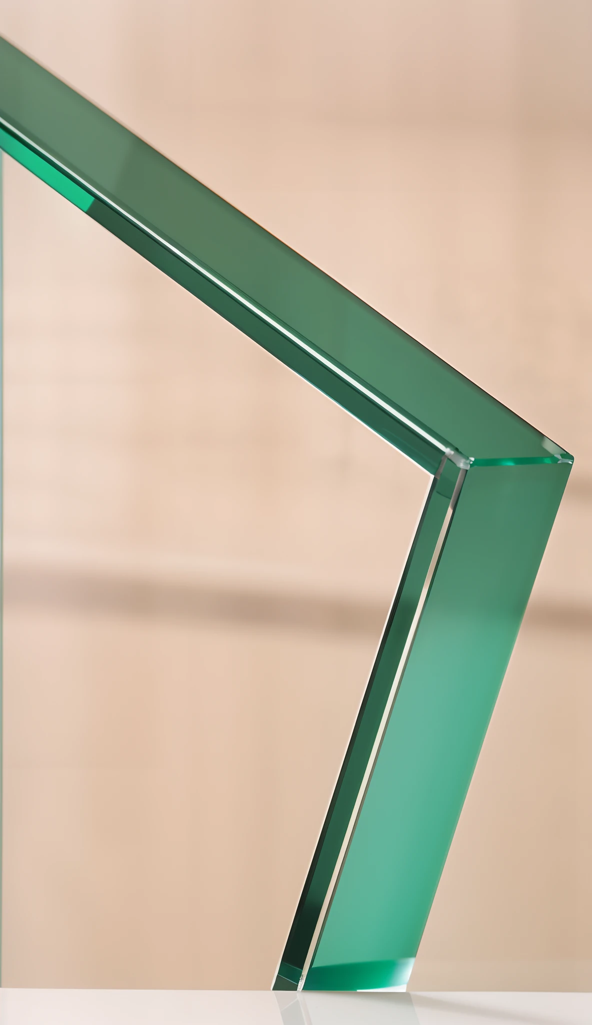 The green light on the table comes on，smooth bevels，Glass opening，beveled edges，Clear edges，transparent glass surfaces，glass wall，mirror and glass surfaces，Glass railing，glass，Clear glass，side view close up of a gaunt，Sharp edges。Ultra detailed，Clear glass wall。