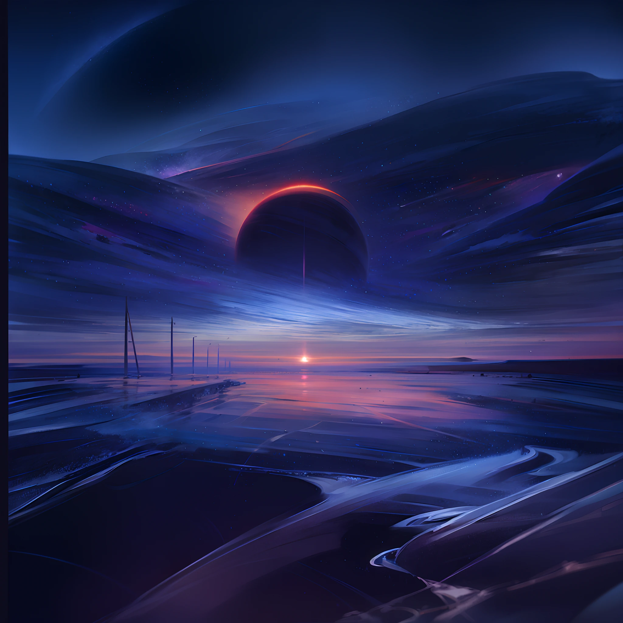 Depict distant landscapes，There is a black hole in the sky, sunset on distant machine planet, Magnificent background, Sci-fi fantasy wallpaper, Beautiful sci-fi art, beautiful space, another planet, sci fi art, sci-fi artwork, Space art, Beautiful art UHD 4 K, stunning atmosphere, science fiction digital art, Amazing wallpapers