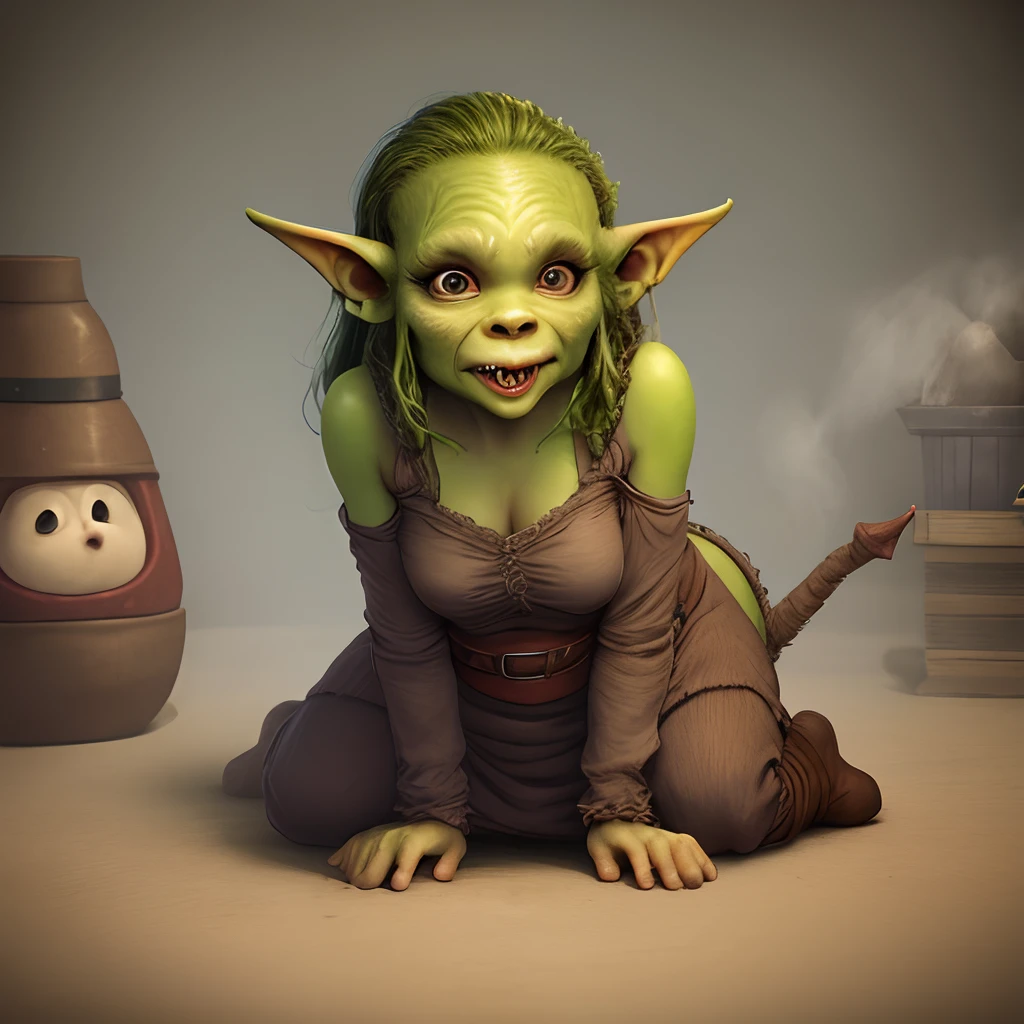 (masterpiece), (extremely intricate:1.3), (realistic), female goblin, small, short, 2 feet tall, light green skin, dirty grimy skin, long, pointy ears are slightly crooked, her sharp teeth are partially rotten due to poor dental hygiene, messy green hair hangs in tangles around her face, partially obscuring her bright green eyes, barefoot, cute, nsfw, facial, cum, pov, tongue out, open mouth, closed eyes