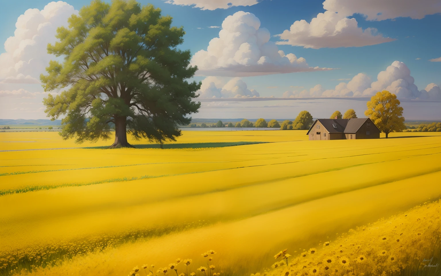 Yellow flower fields,There is a lone tree in the middle,shining sun,with blue sky and white clouds,oil painted,The strokes are casual,Hand drawn feel
