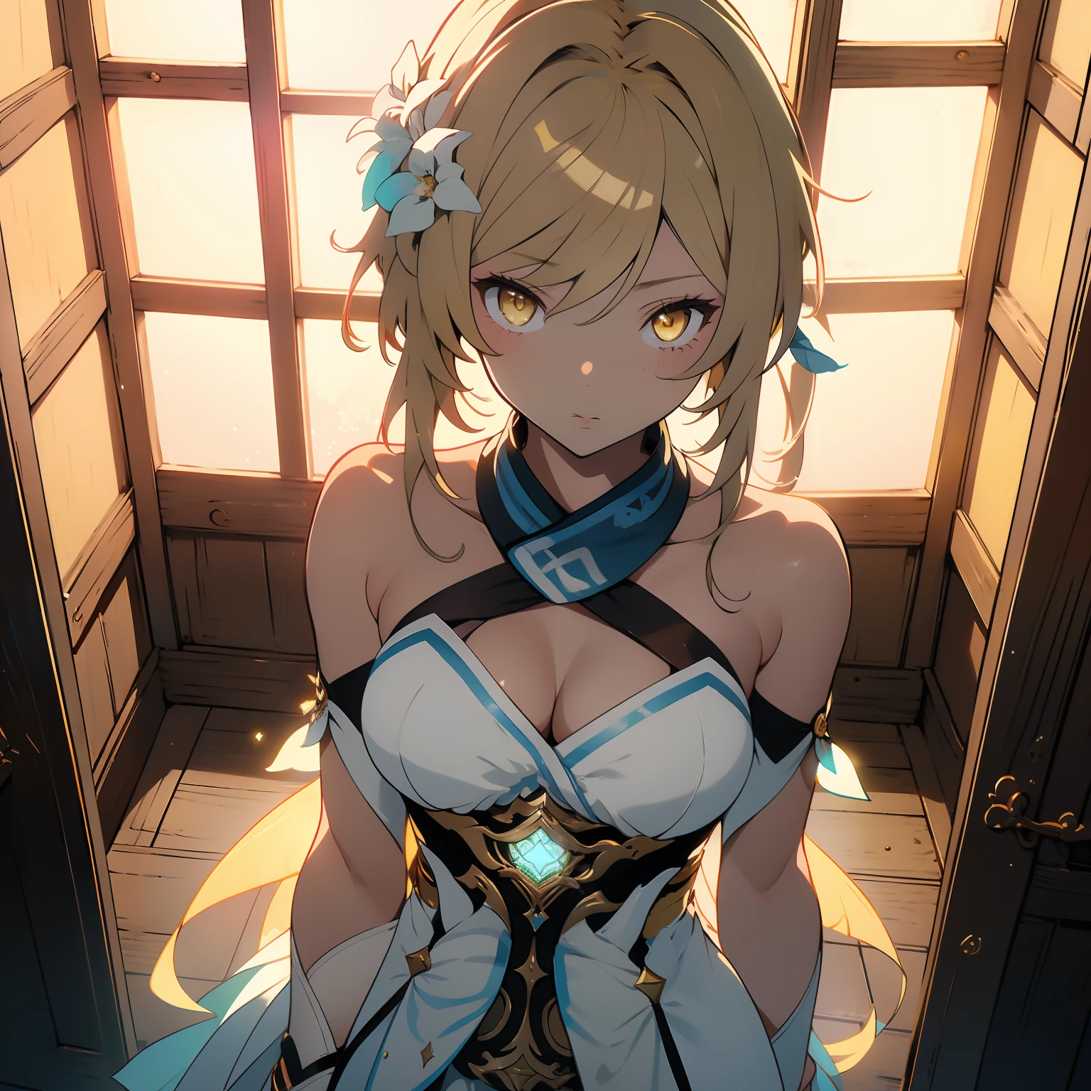 (masterpiece, best quality), beautiful girl, Lumine from "Genshin Impact", 
luminedef,  standing in her room, (detailed beautiful eyes) medium body shot, blonde, short hair, yellow eyes, ultra detailed yellow eyes, full-body shot,