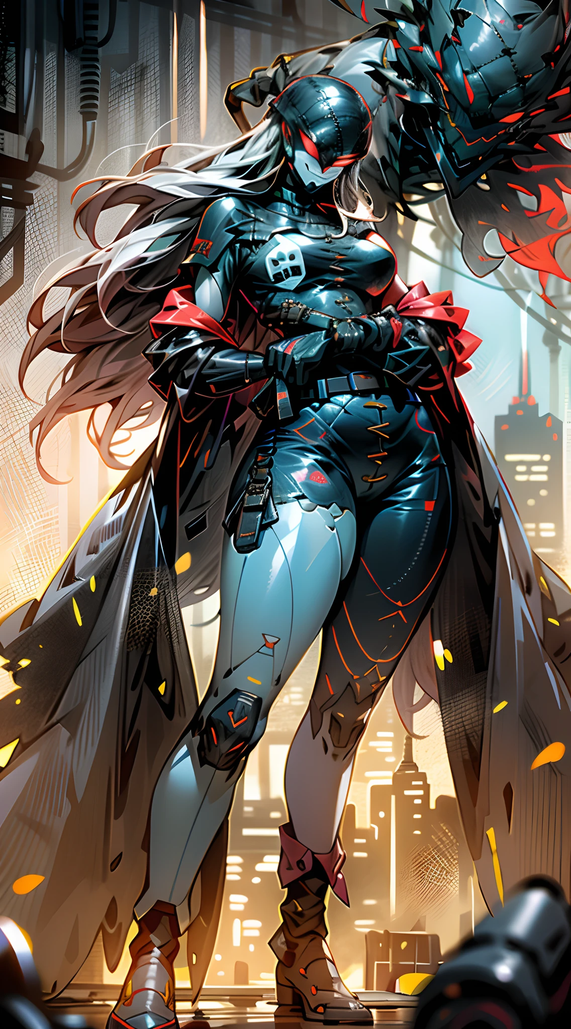 A scantily dressed woman，Thick mech，Lots of detail，Mix and match，metalictexture，urban backdrop，Combat damage mech，Above the city，looking over city，Punch，Evil smile，Huge bust，Large amounts of colored liquid，flying into the sky，Full body like， woman，Flame it up，Casual pose