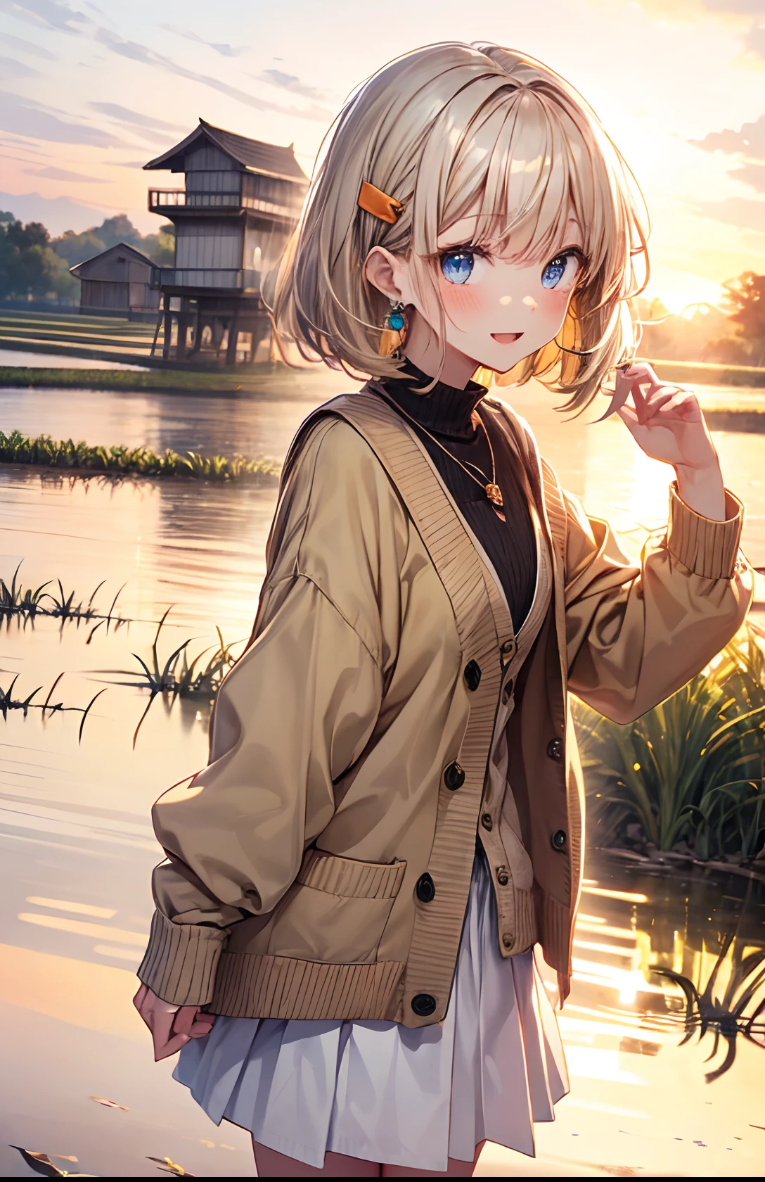 absurderes, (独奏:1.5,)ultra-detailliert,bright colour, extremely beautiful detailed anime face and eyes, view straight on, ;D, shiny_skin,25 years old, Short hair, , asymmetrical bangs, Blonde hair with short twin tails, Shiny hair, Delicate beautiful face, red blush、(Blue eyes), White skin, hair clips, earrings,Brown cardigan、White inner、Black loafers、Argyle check skirt、Blushing、Aimei、early evening、Lots of rice fields、Big sunset、Orange view、Small necklace、