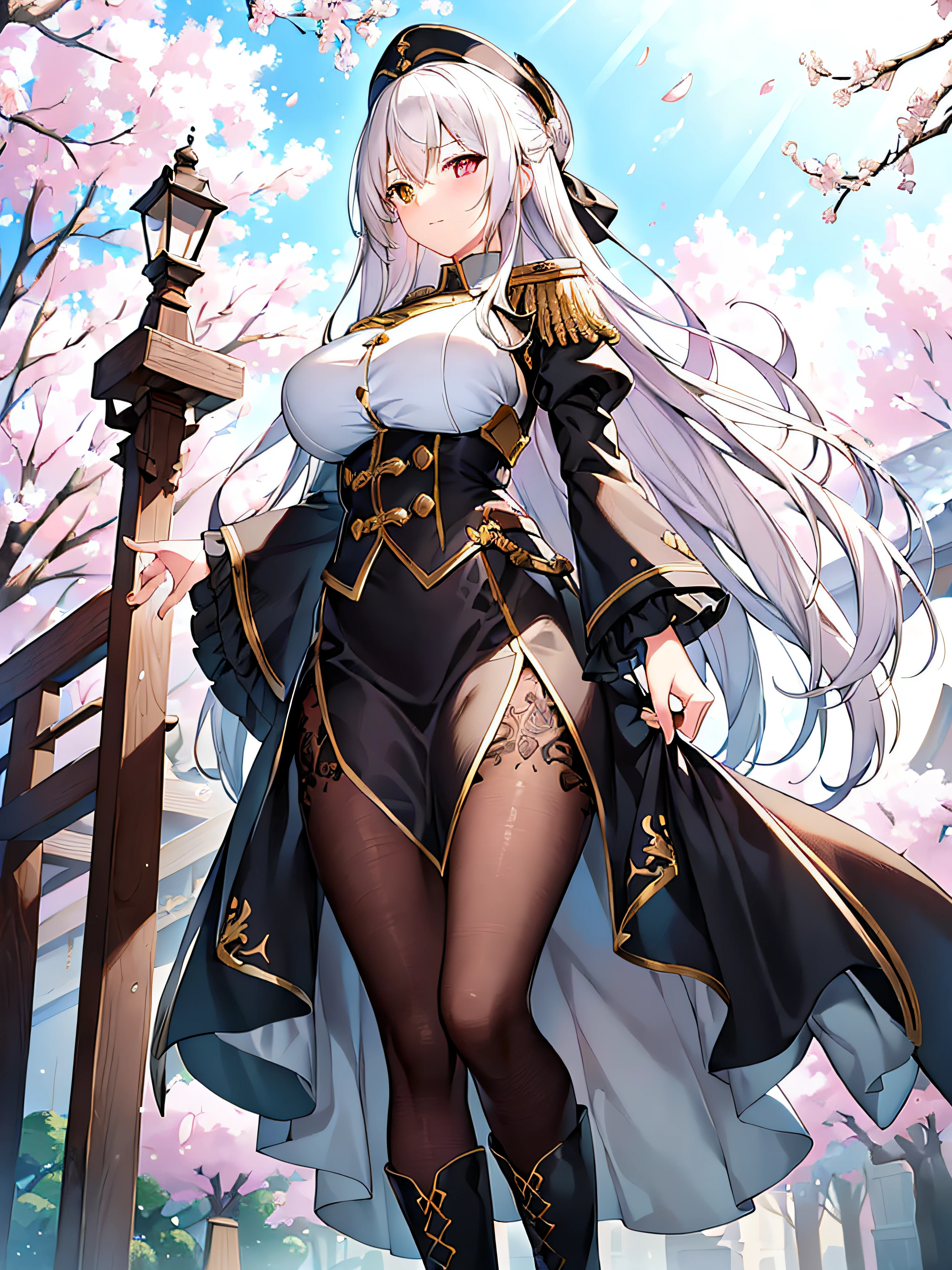 Blush stickers,epaulette,Pale skin,White_Hair,double tails,view the viewer,standing,Peaked hat,army suit,Cowboy boots,Cherry blossoms,Nature,Sunny,mid afternoon,in fall,Heterochromia,Cinematic lighting,anime big breast,fate grand order,Game CG,Huge_filesize ,scenery,anime coloring,(((Masterpiece))), (((Best quality))), ((Ultra-detailed)), (illustration), (Detailed light),((An extremely delicate and beautiful)),Dramatic_black shadows,Ray_tracing,((Masterpiece)), (((Best quality))), ((Ultra-detailed)), ((illustration)), Dynamic Angle