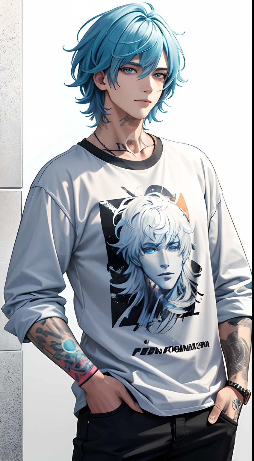 colorful,highest detailed,  adult Male with white puffy hair, light blue eyes, handsome, with tattoo  on his hand, casual clothes