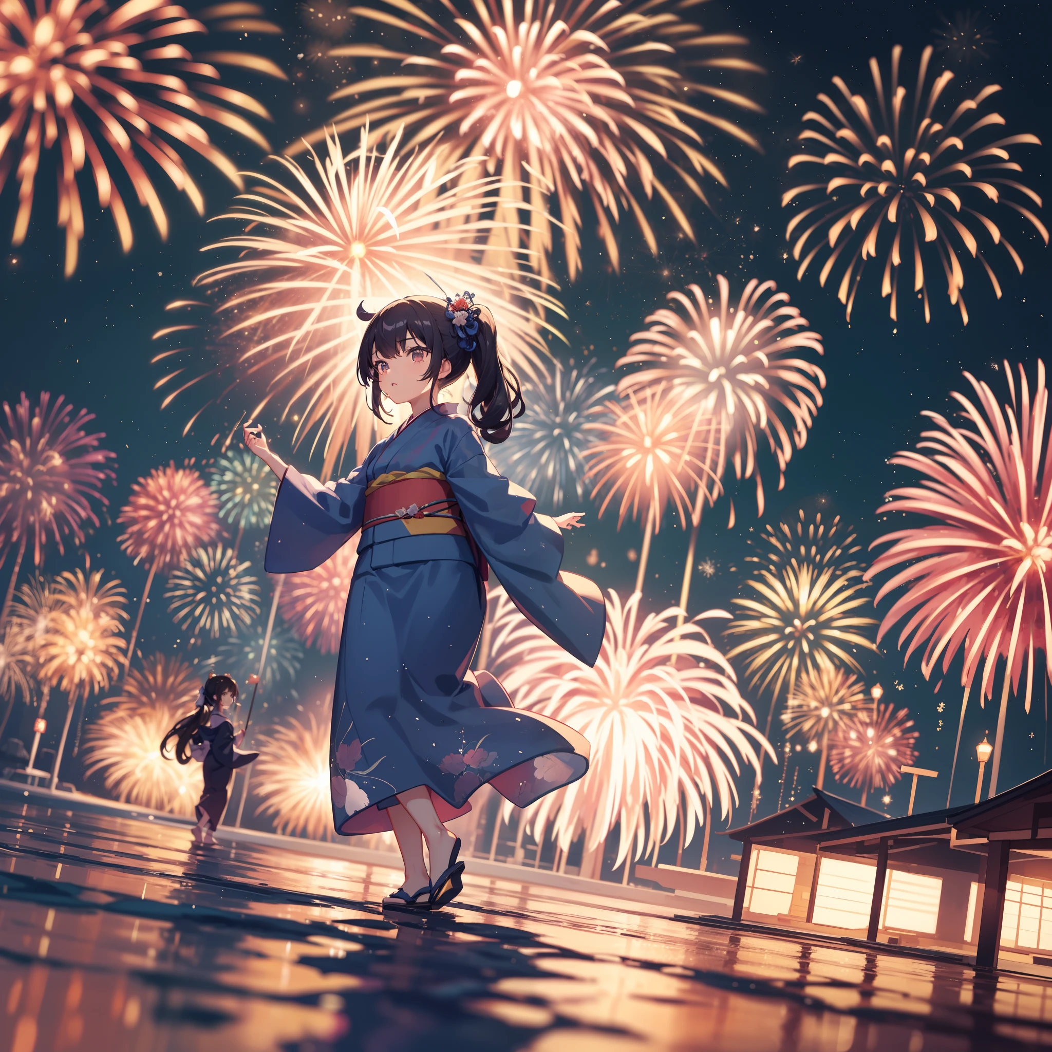 Chibi:1.8,girls,Kimono,Girl in Yukata,Blowing in the wind,Summer Festivals,natta,food stand,scenery reflected in the water,Spirit Stream,Big  Fireworks:1.7,Fireworks in the night sky:1.8,poney Tail,action:1.6,dynamic pose,dynamic angle,ground-level shot,low angle,full body shot,long shot,(masutepiece: 1.3), (exquisite detailing: 1.2), Delicate and beautiful details, (Eye Detail), (Facial Detailed), (Highest Quality) :1.4), (Hyper-Resolution: 1.2), (very detailed illustration),Best Quality,depth of fields, Wide light, natural shadows