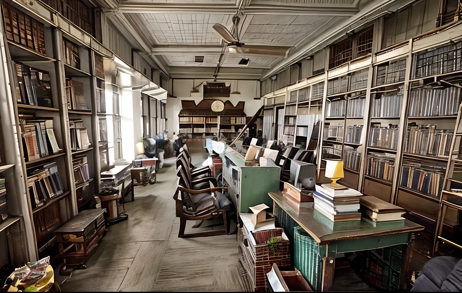 there is a long room with a lot of books on the shelves, library, small library, office/thrift store/social hall, vast library, photo taken in 2 0 2 0, grand library, offices, research center, full subject shown in photo, dusty library, interior of a library, books all over the place, fancy library, in office, peaceful environment