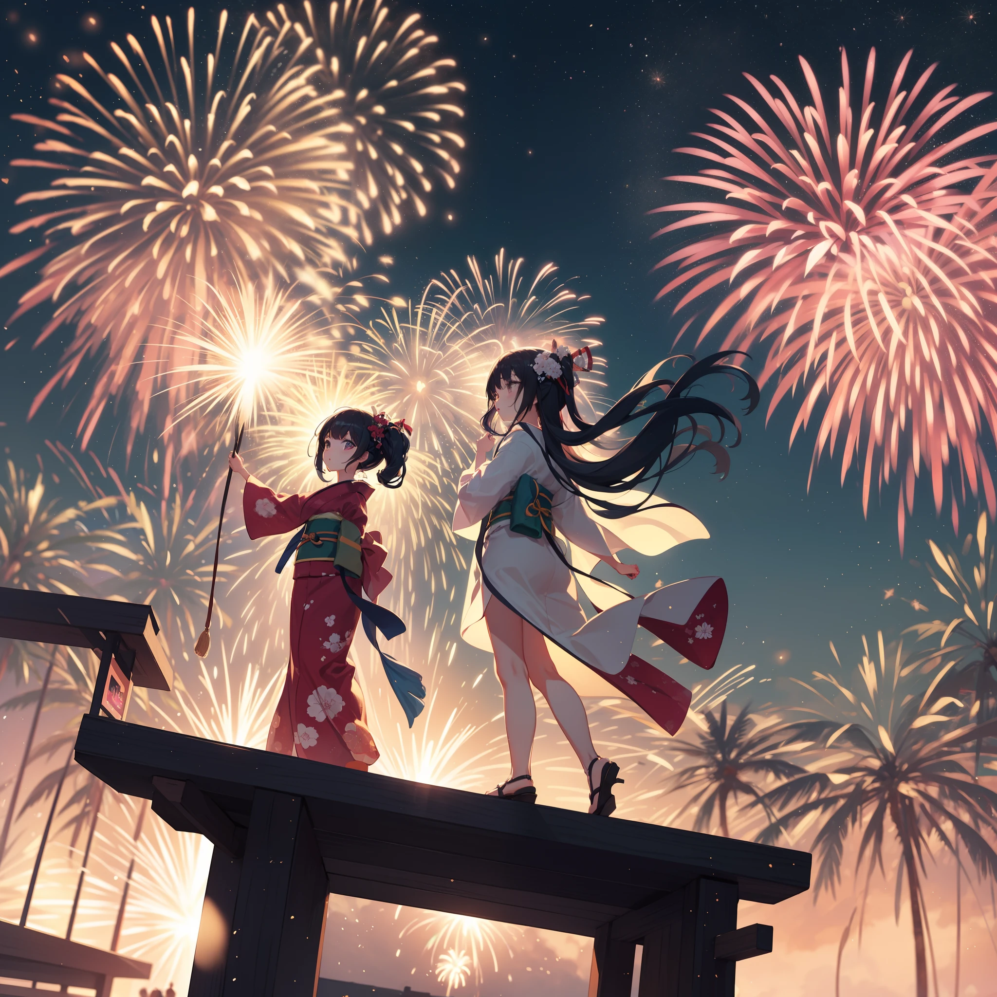 Chibi:1.8,girls,Kimono,Girl in Yukata,Blowing in the wind,Summer Festivals,natta,food stand,scenery reflected in the water,Spirit Stream,Big Fireworks:1.7,Fireworks in the night sky:1.8,poney Tail,action:1.6,dynamic pose,dynamic angle,ground-level shot,low angle,full body shot,long shot,(masutepiece: 1.3), (exquisite detailing: 1.2), Delicate and beautiful details, (Eye Detail), (Facial Detailed), (Highest Quality) :1.4), (Hyper-Resolution: 1.2), (very detailed illustration),Best Quality,depth of fields, Wide light, natural shadows