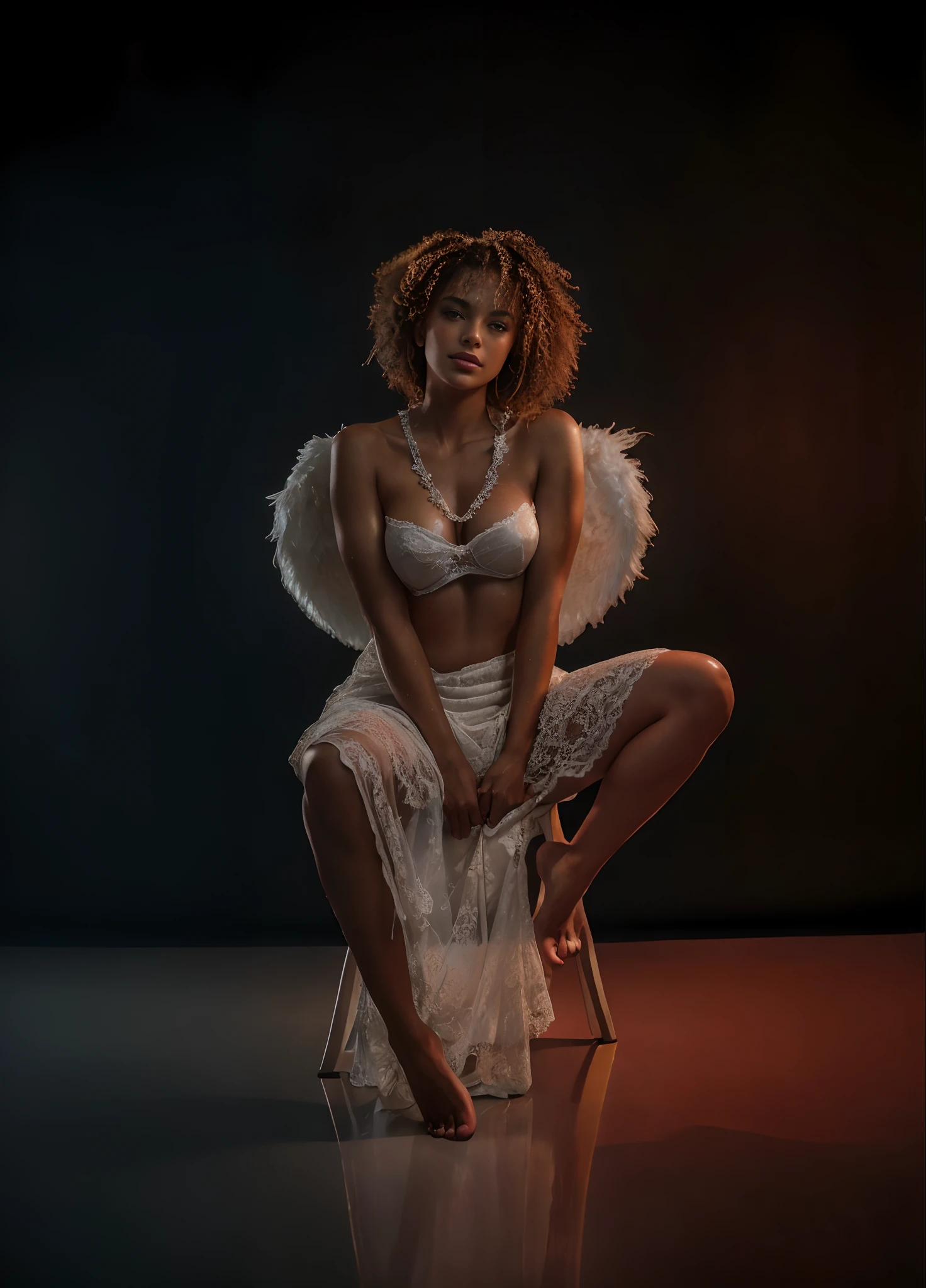 nudity, naked, massive breasts, massive ass, curvy, gorgeous latina woman, rimlight, sweaty, sweat, backlighting, dripping, hot girl, humid, beautiful face, wet skin, erotic, erotic mood, alone, masterpiece, best quality, ultra-detailed, solo, contrast, cinematic light, side lighting, ultra high resolution, RAW, 4k, sexy, in a white lace dress sitting on a white stool, posing in dramatic lighting, shot at dark with studio lights, rim light, 7 0 mm dramatic lighting, shot at night with studio lights, 7 0 mm. dramatic lighting, 4 k glamour photography, low key dramatic lighting, dramatic low-key lighting, full - body majestic angel, shot on canon eos r 5