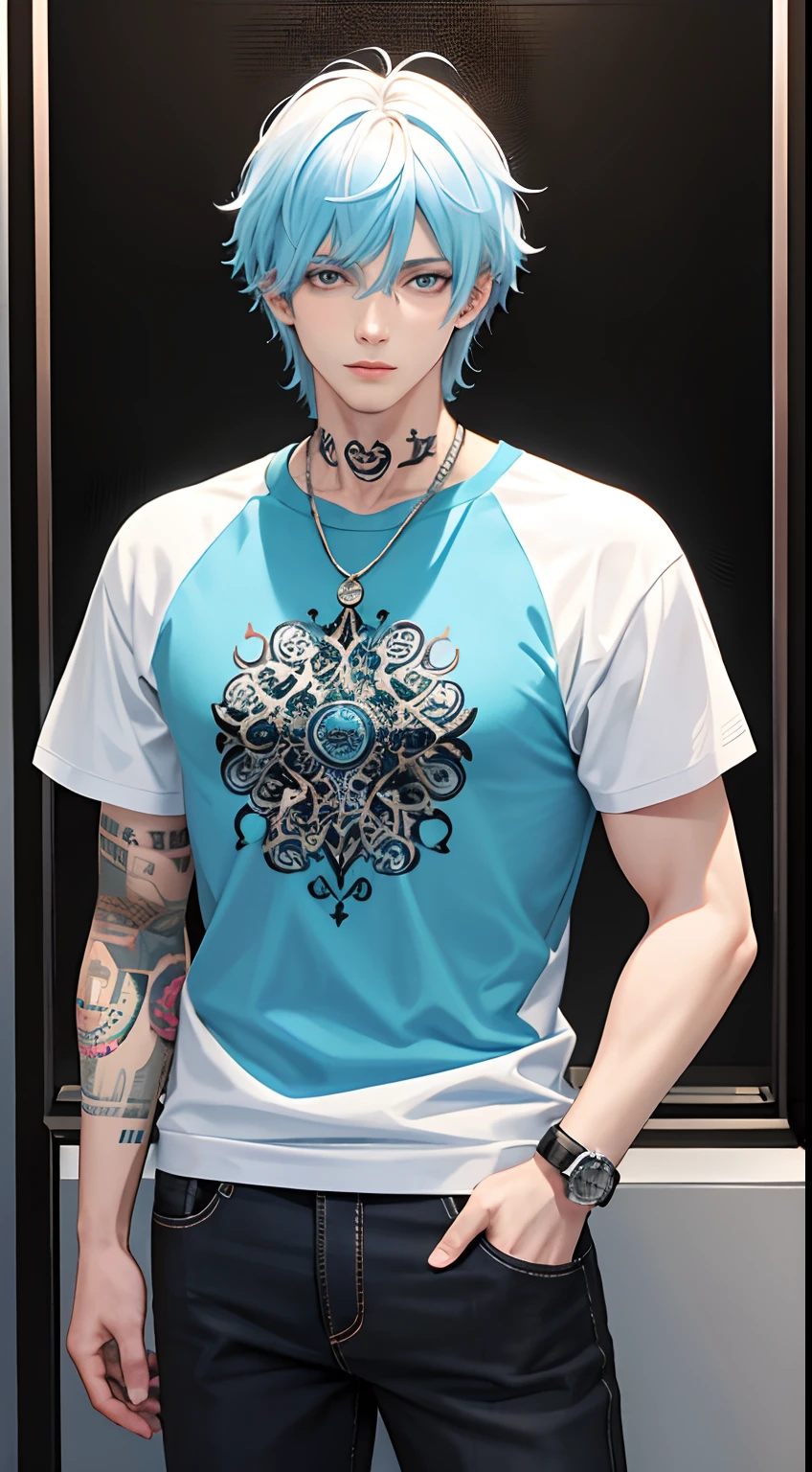 colorful,highest detailed, ***** adult Male with white puffy hair, light blue eyes, handsome, with tattoo  on his hand, casual clothes