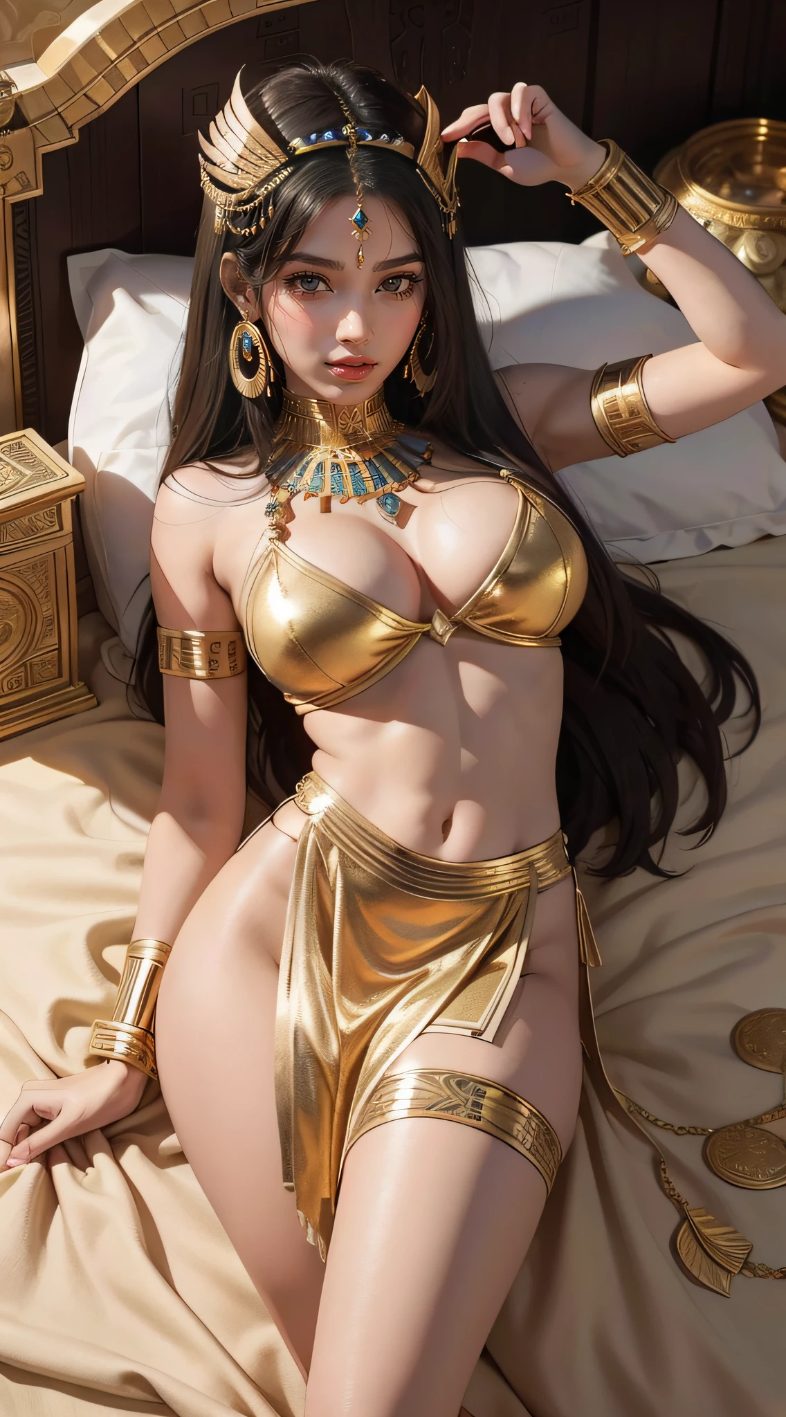 Top quality work，8K HD photos，10x pixel enhancement，very high res，highly detailed work，Clear and authentic work，Very detailed CG wallpaper，Clear focus：1.5，Natural dimming，Studio dimming，Face description：Three-dimensional facial features，Melon seed face，Ancient Egyptian female face，Ancient Egyptian Cleopatra，Ancient Cleopatra's temperament，Ancient Cleopatra details，Deep black hair，Premium hair details，Clear hair texture：1.1，Enchanting eyes，二重まぶた，Fox eyes，Light brown eyes，Advanced eye details：1.1，putting makeup on：Eye makeup，Gold eye makeup:1.1,Sexy and beautiful big red lips，Seductive lip shape，Superb lip detailing：1.1，Highly detailed and clear facial details：1.1，Perfect goddess face：1.1，Body shape description：Supermodel figure，Model body type，Perfect body proportions：1.3，Premium model body details：1.1，Top goddess figures：1.1，Ancient Egyptian clothing，Ancient Egyptian clothing details，The costume of the Queen of Egypt，Gold leaf art，Background with，Ancient Egyptian palace，Ancient Egyptian times in bed，Lie down in bed，Photos of traditional costumes of ancient celebrities，fully body photo（Advanced skin details：1.1）（Moisturizes skin details：1.1）Healthy complexion，Sexy stunner，Seductive face，tempting pose