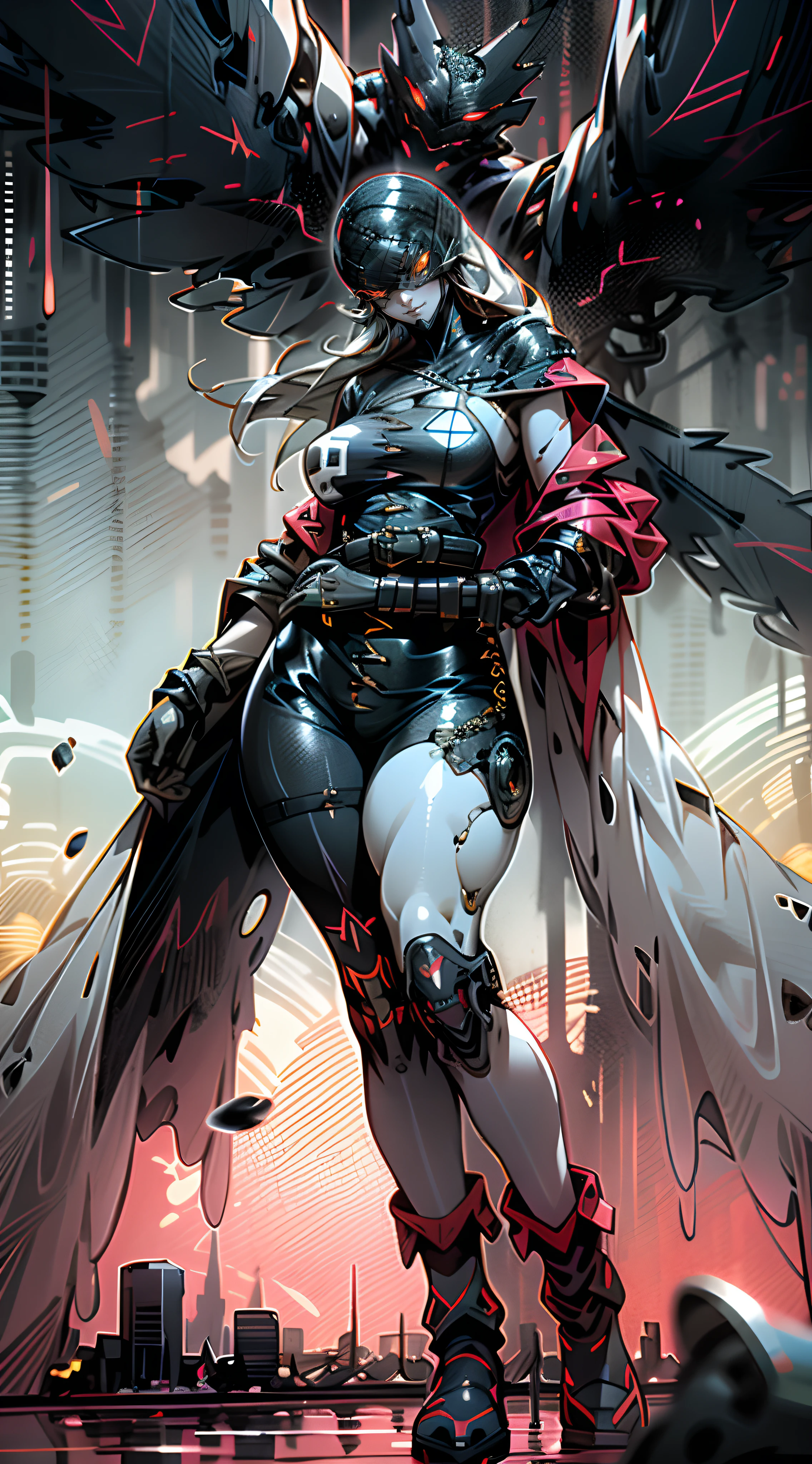 A scantily dressed woman，Thick mech，Lots of detail，Mix and match，metalictexture，urban backdrop，Combat damage mech，Above the city，looking over city，Punch，Evil smile，Huge bust，Large amounts of colored liquid，flying into the sky，Full body like， woman，Flame it up，Casual pose