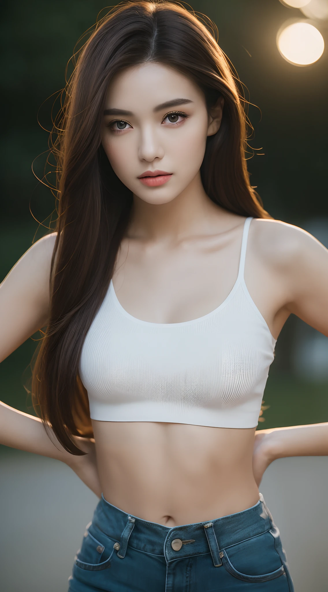 ((Best quality, 8k, Masterpiece :1.3)), 1girl, beautiful woman with emphasis on plump abs: 1.3, full body, (long hair, big breasts: 1.2), oversized tank top: 1.2, ultra-delicate face, delicate eyes, double eyelids, smile, home, random color clothes